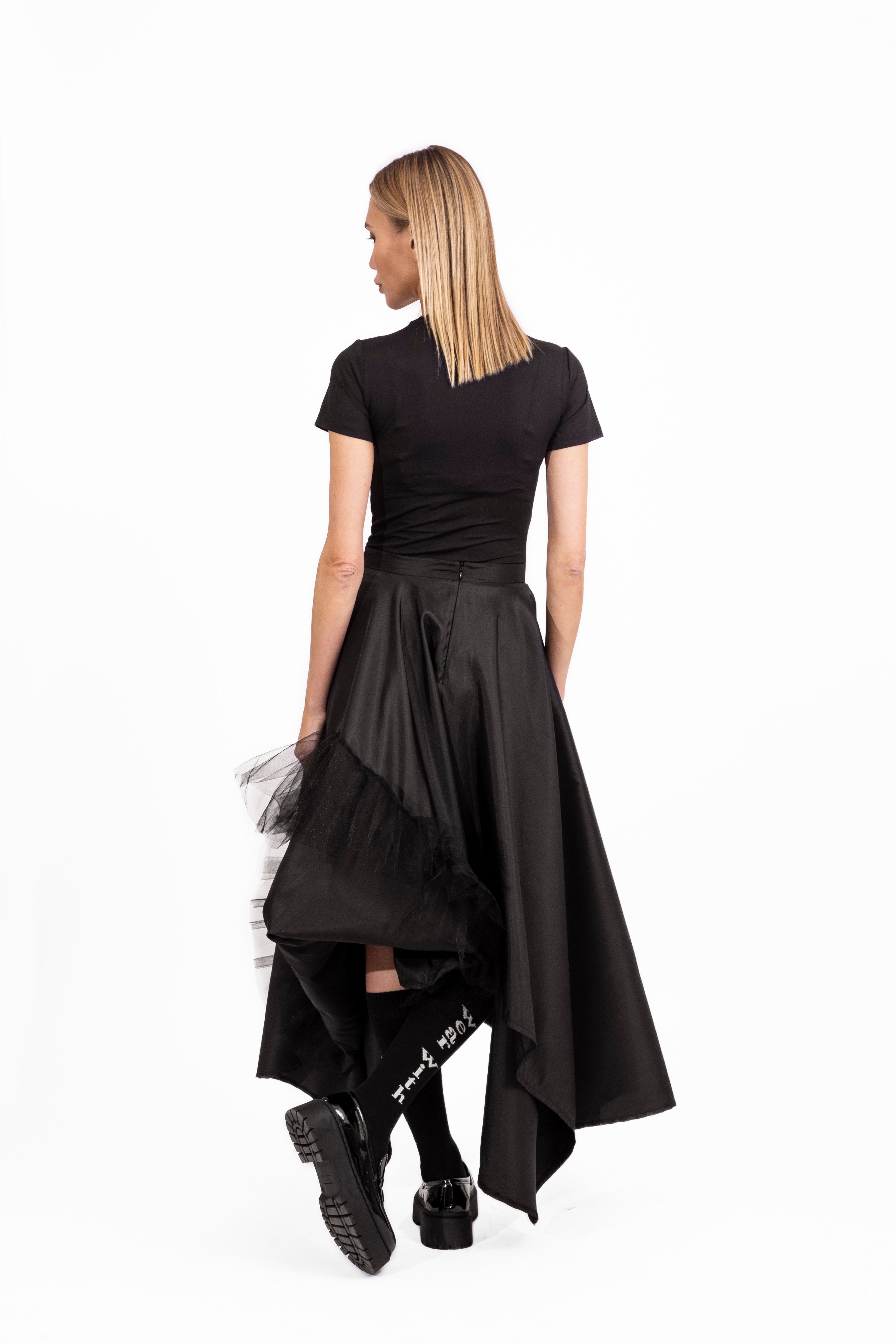 Black Taffeta Skirt with Tulle Details