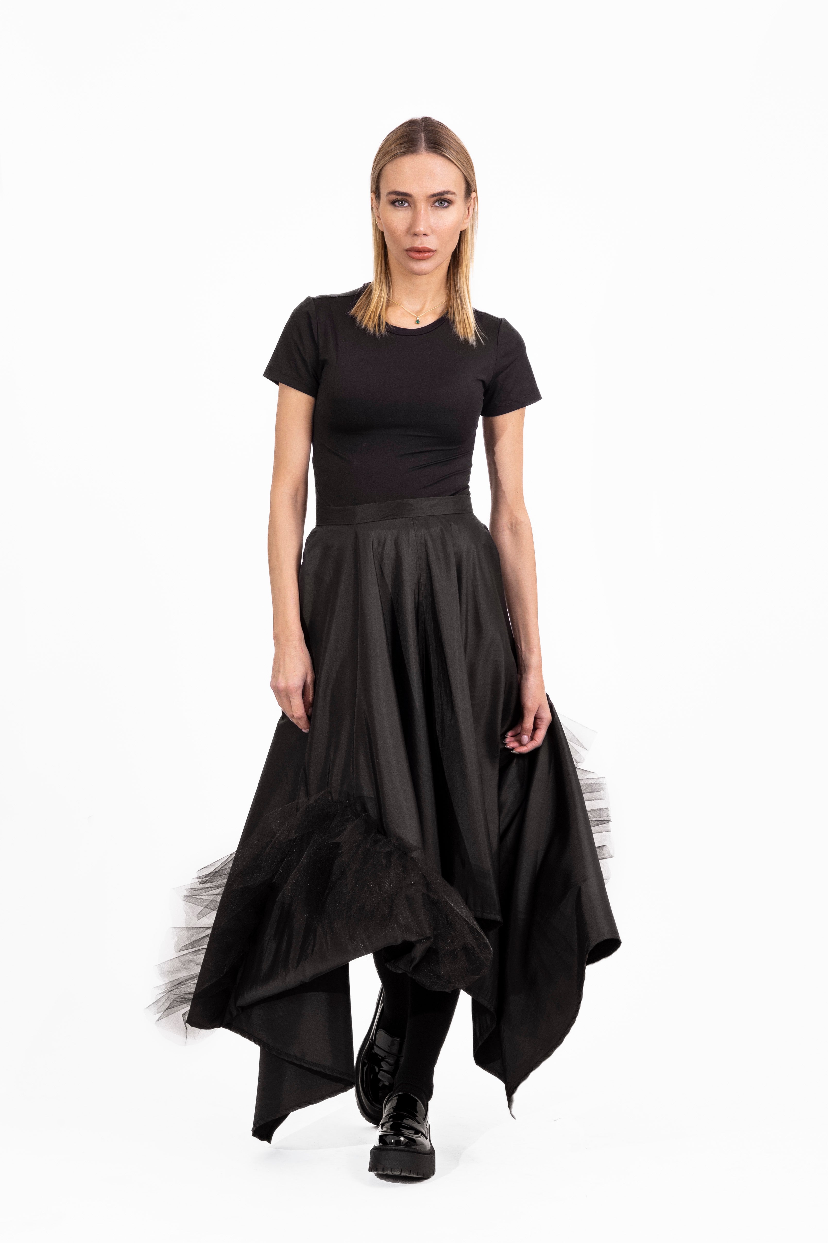 Black Taffeta Skirt with Tulle Details