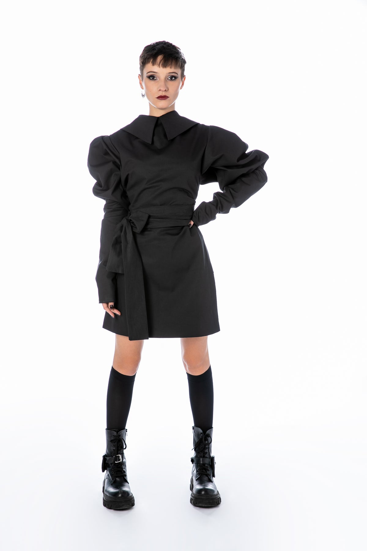 uo maria puff sleeve button front midi dress Puff Sleeve Jacket Dress Black / XXL