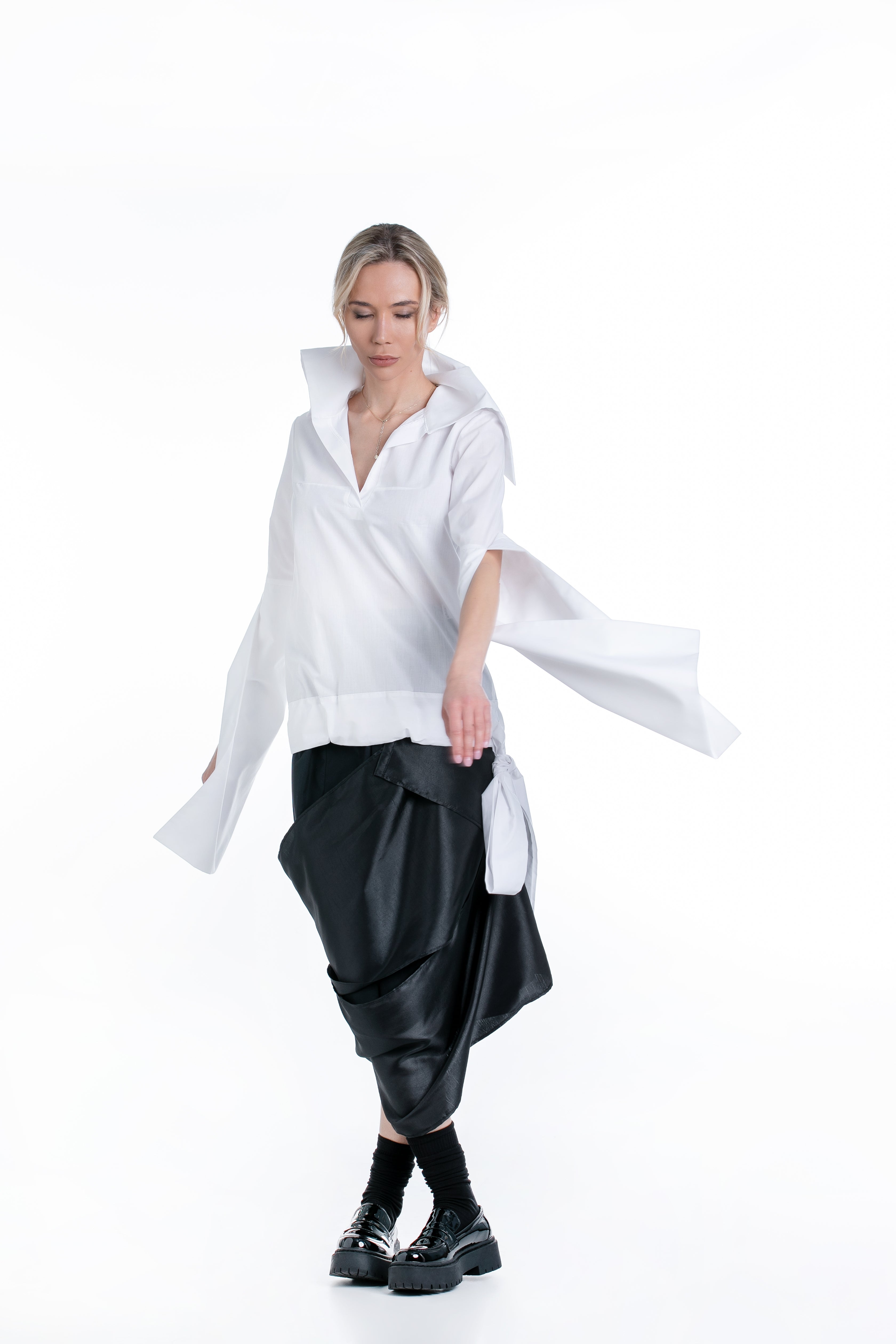 Shirt with Stand Collar and Slit Sleeves