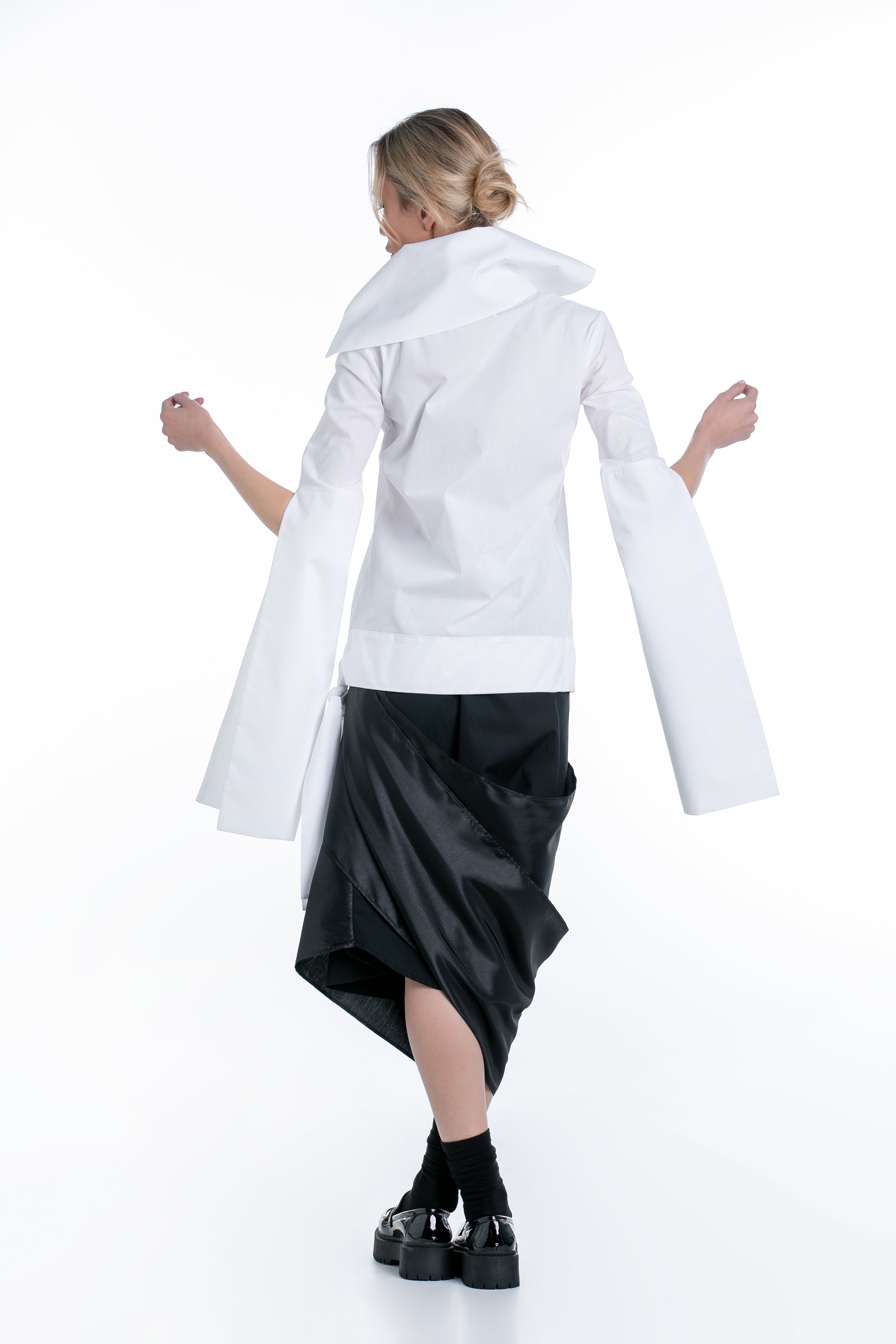 Shirt with Stand Collar and Slit Sleeves