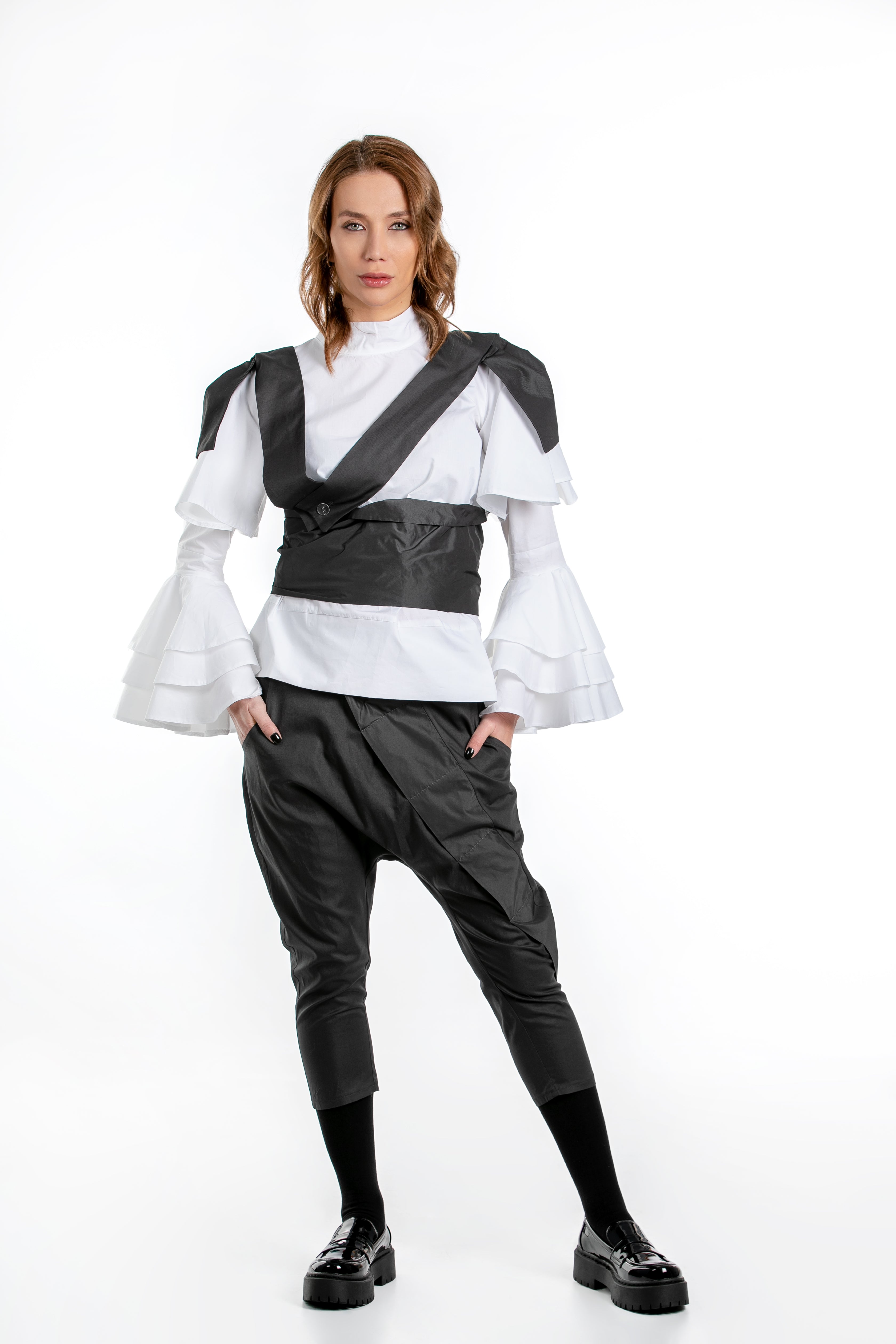 Cotton Capri Pants With Taffeta Belt, Suspenders And Shoulder Pads