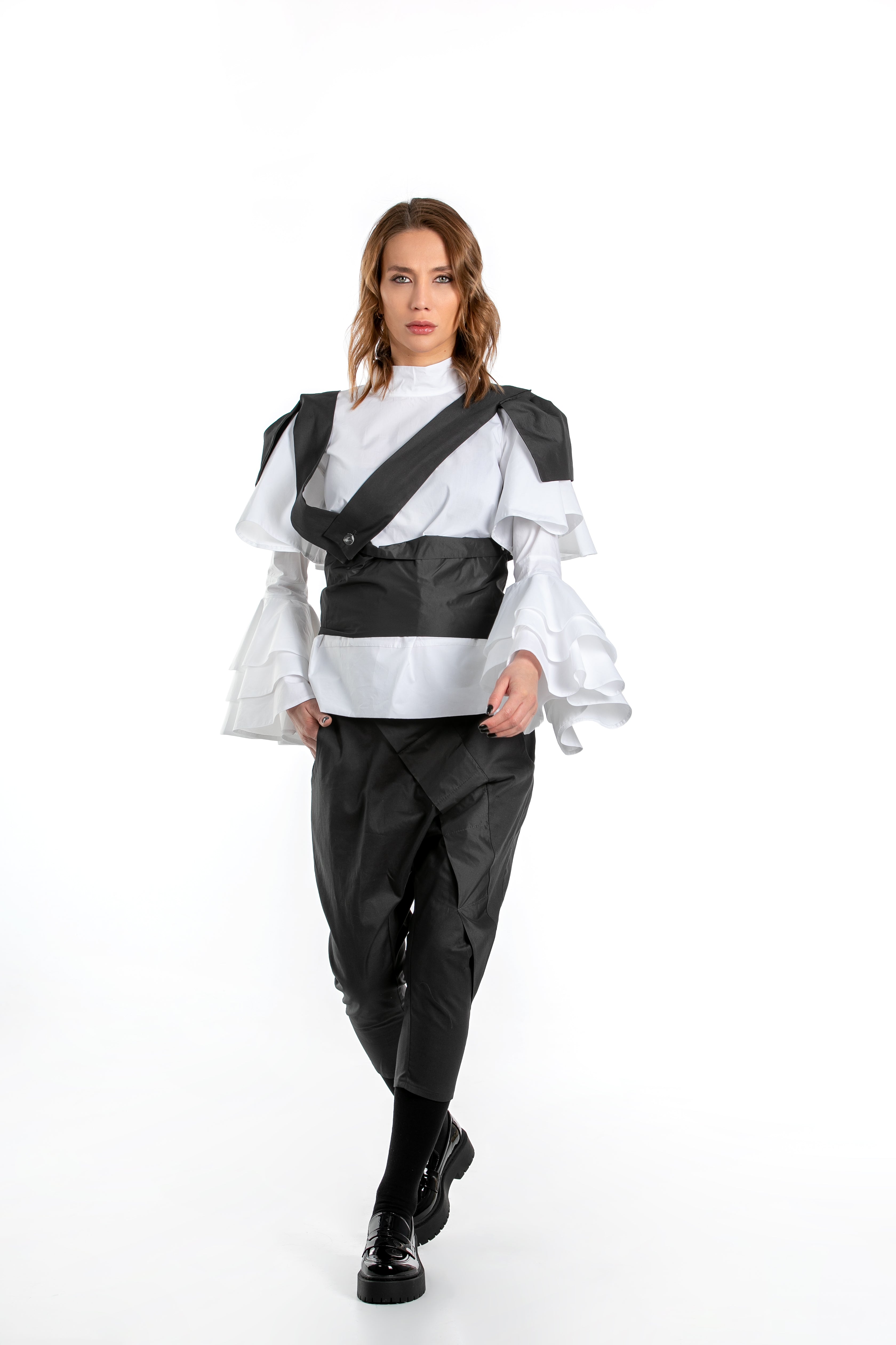Cotton Capri Pants With Taffeta Belt, Suspenders And Shoulder Pads