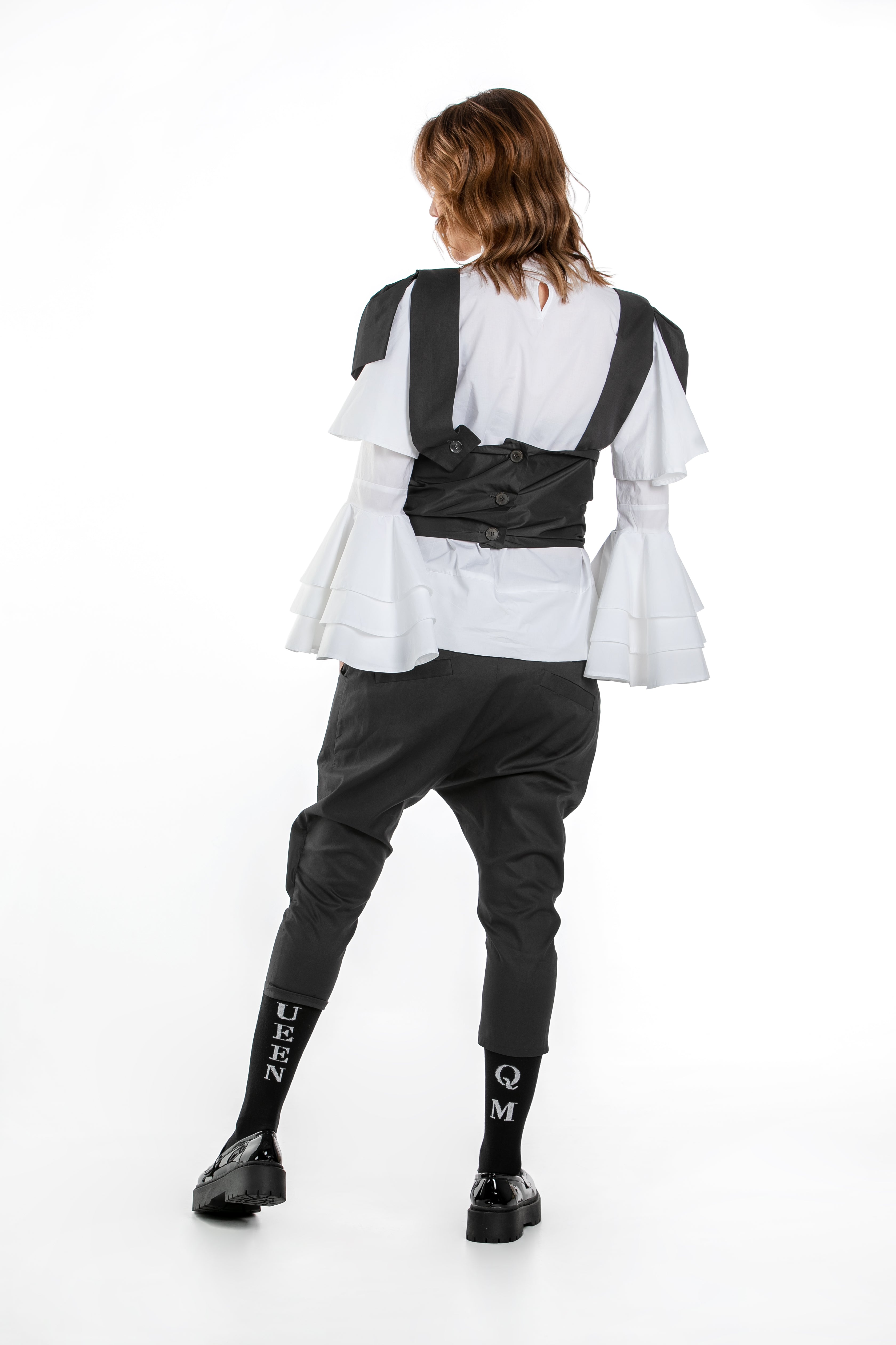 Cotton Capri Pants With Taffeta Belt, Suspenders And Shoulder Pads