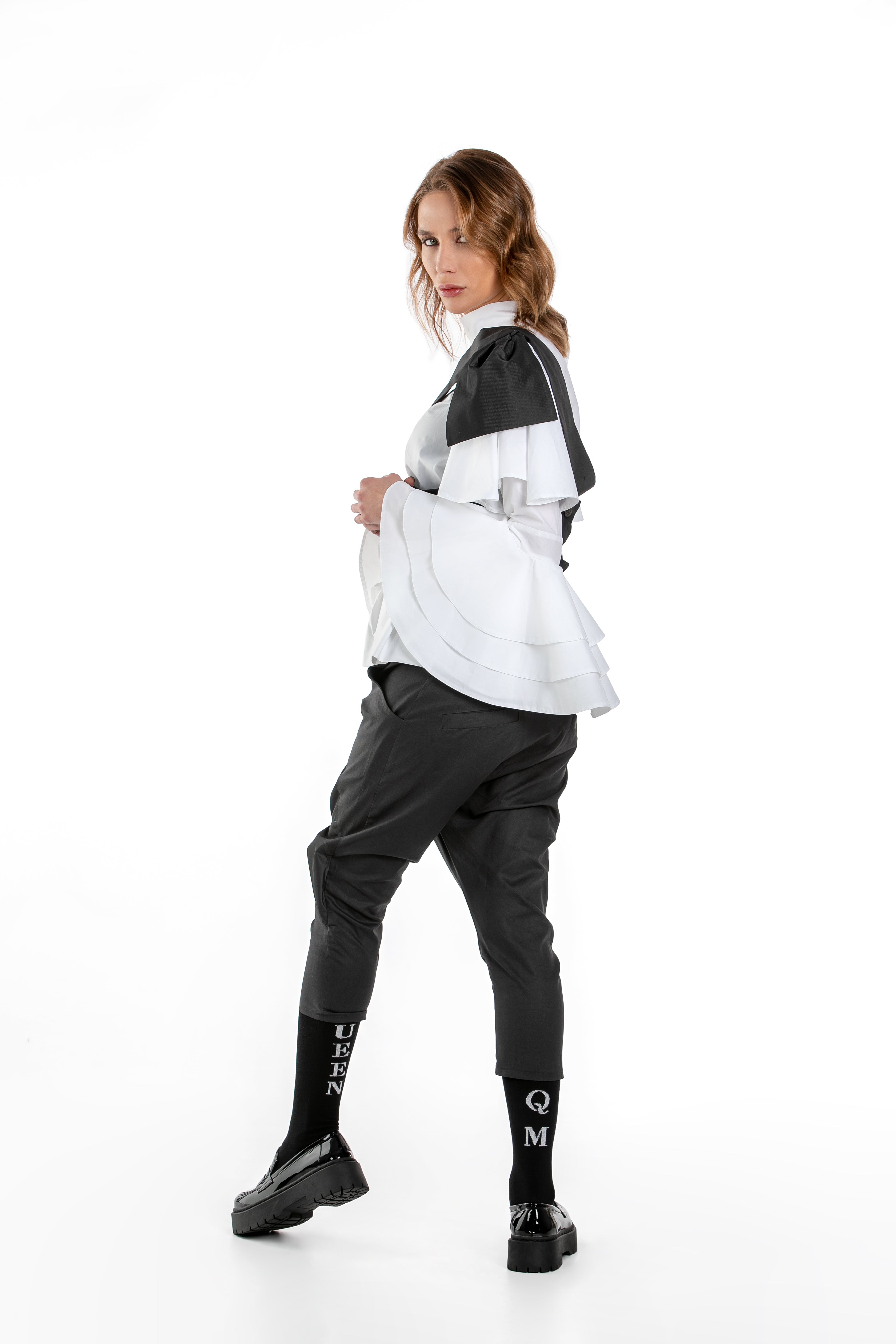 Cotton Capri Pants With Taffeta Belt, Suspenders And Shoulder Pads