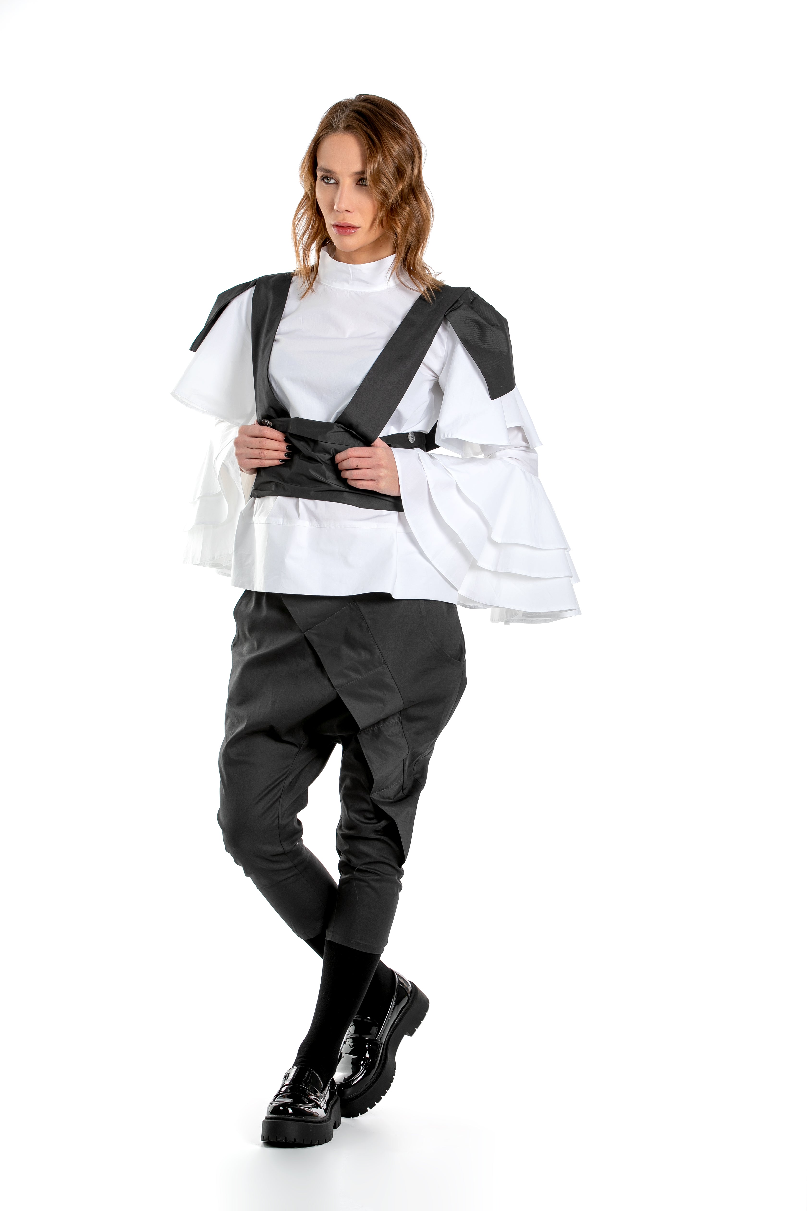 Cotton Capri Pants With Taffeta Belt, Suspenders And Shoulder Pads