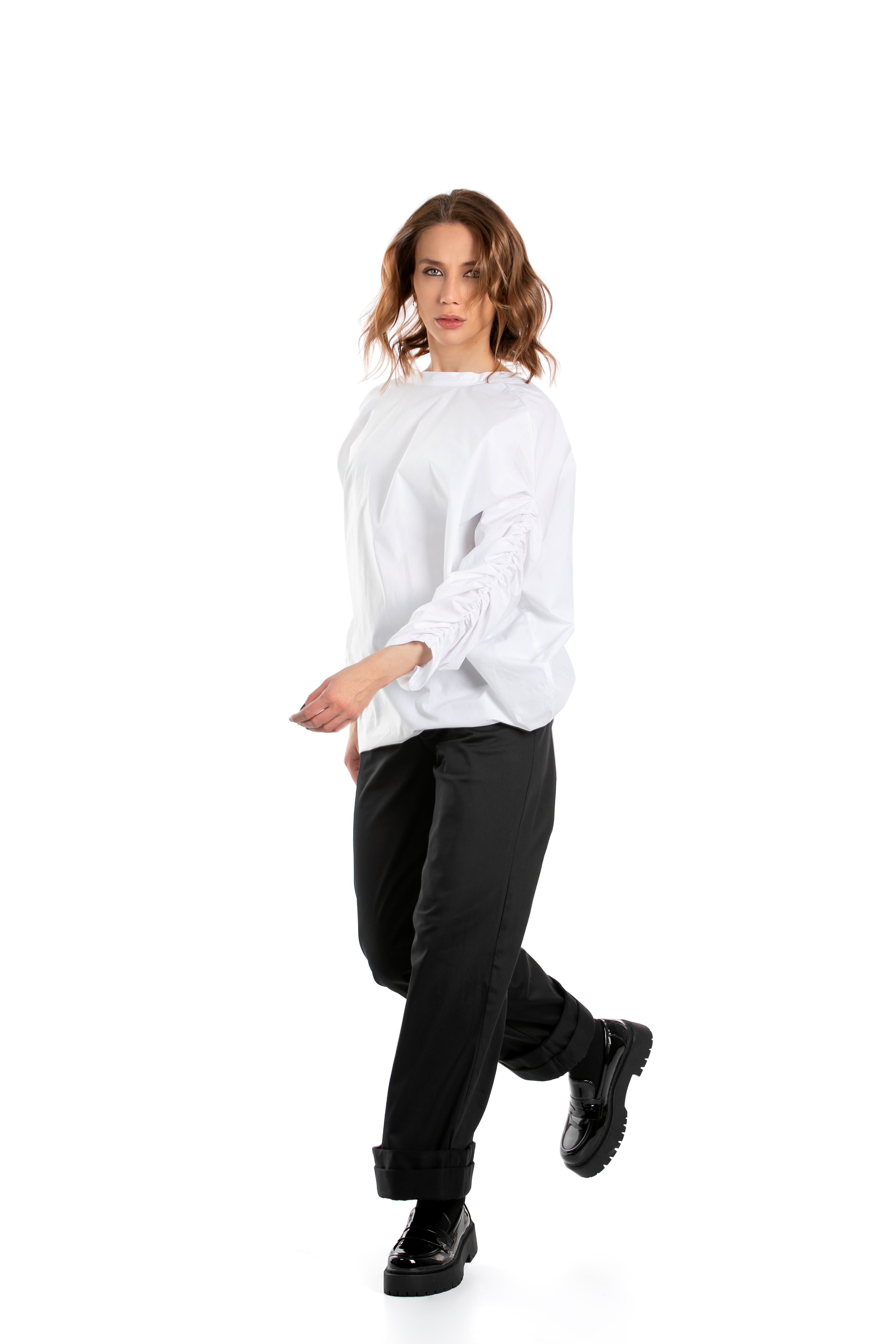Gathered Sleeves Shirt With Mock Neck