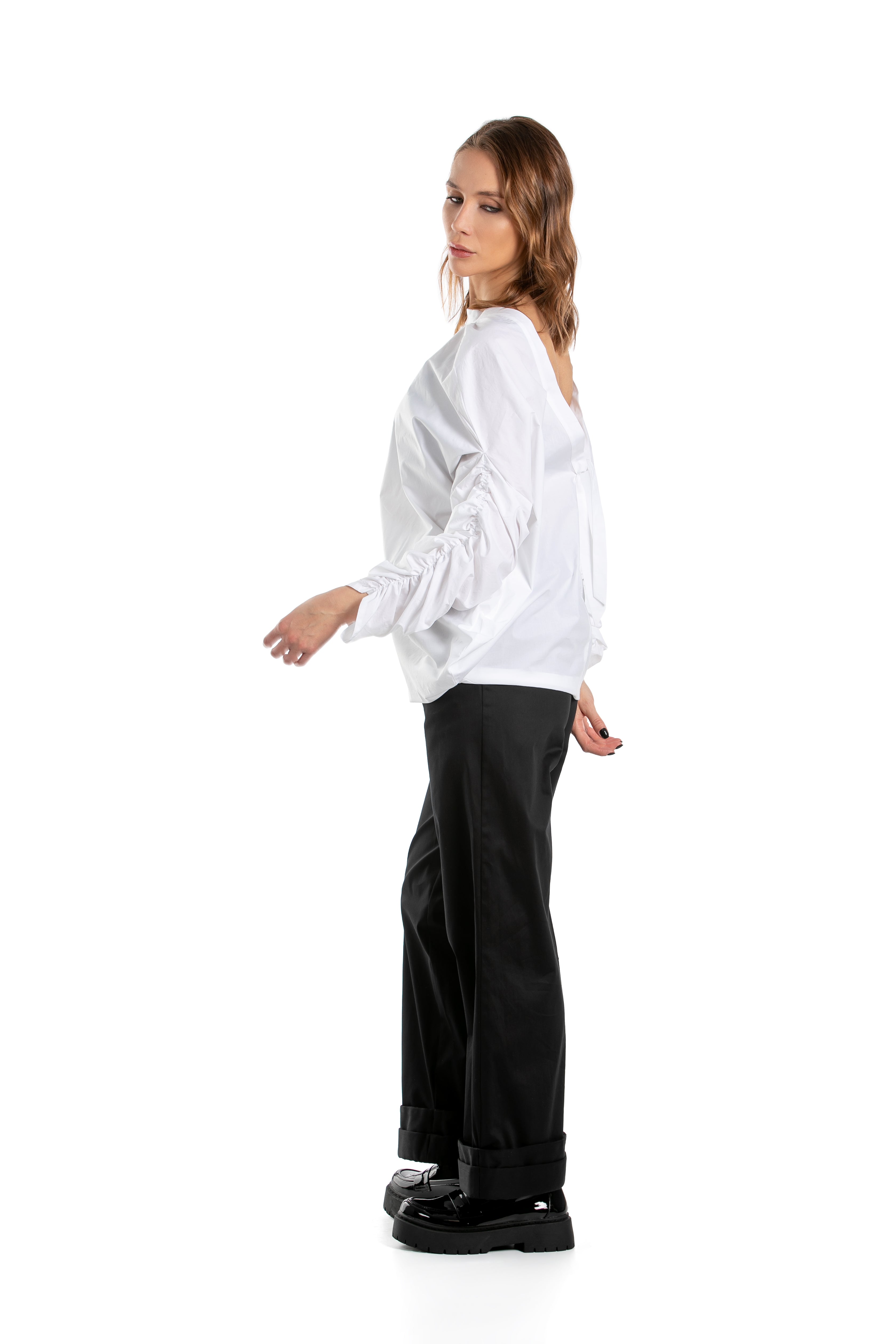 Gathered Sleeves Shirt With Mock Neck