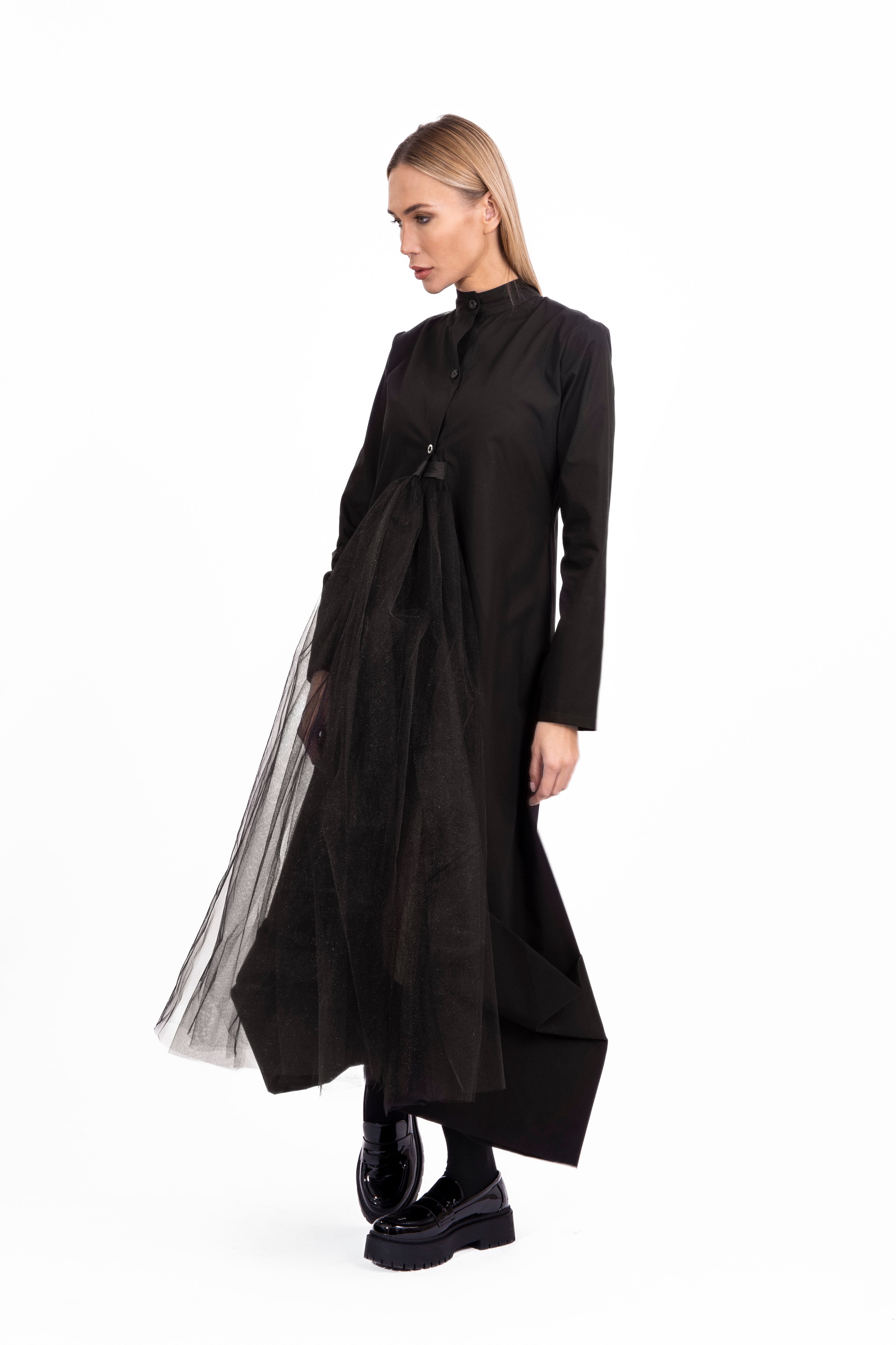 Long Black Dress With Tulle Detail
