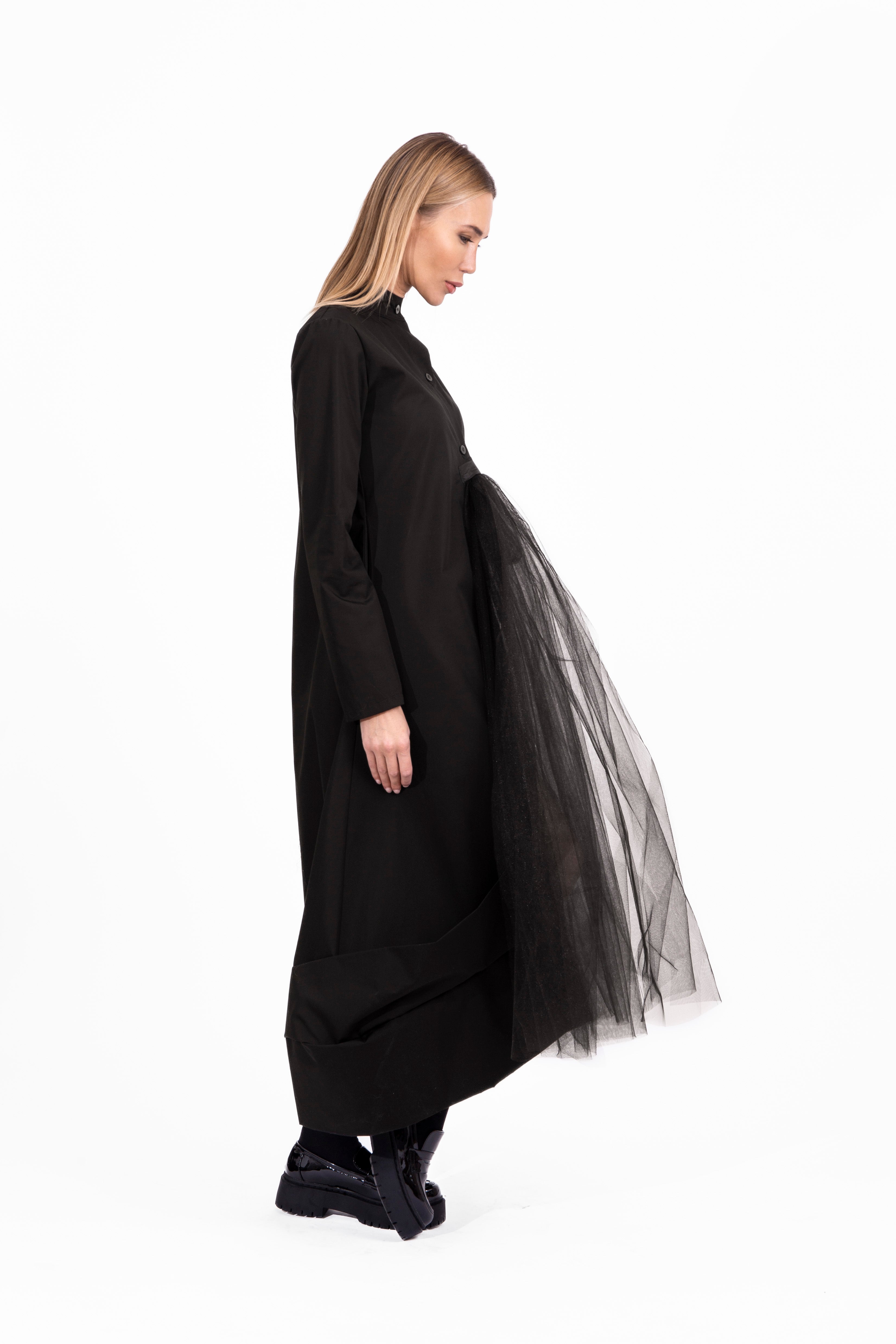 Long Black Dress With Tulle Detail