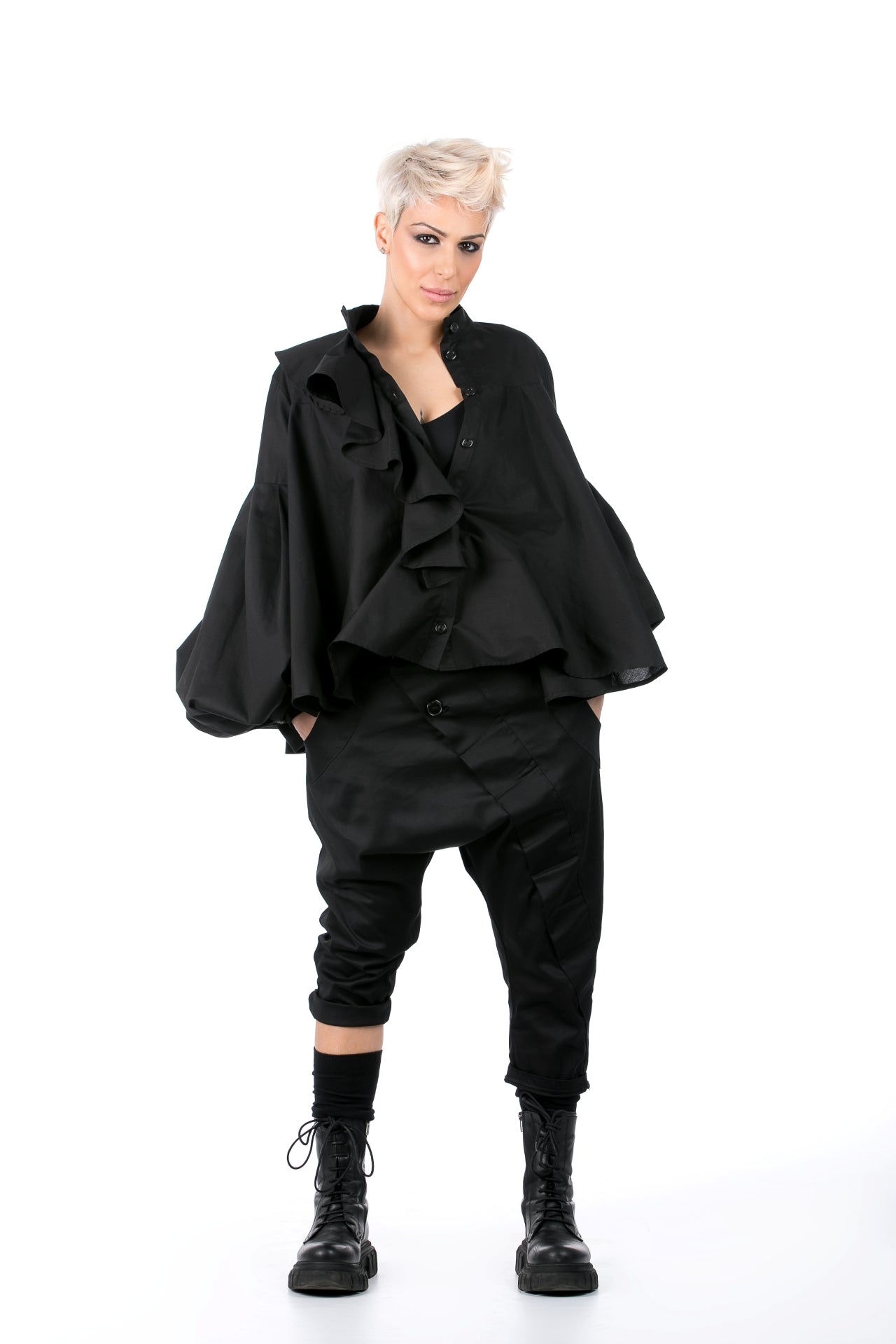 Black Shirt With Jabot And Oversized Sleeves