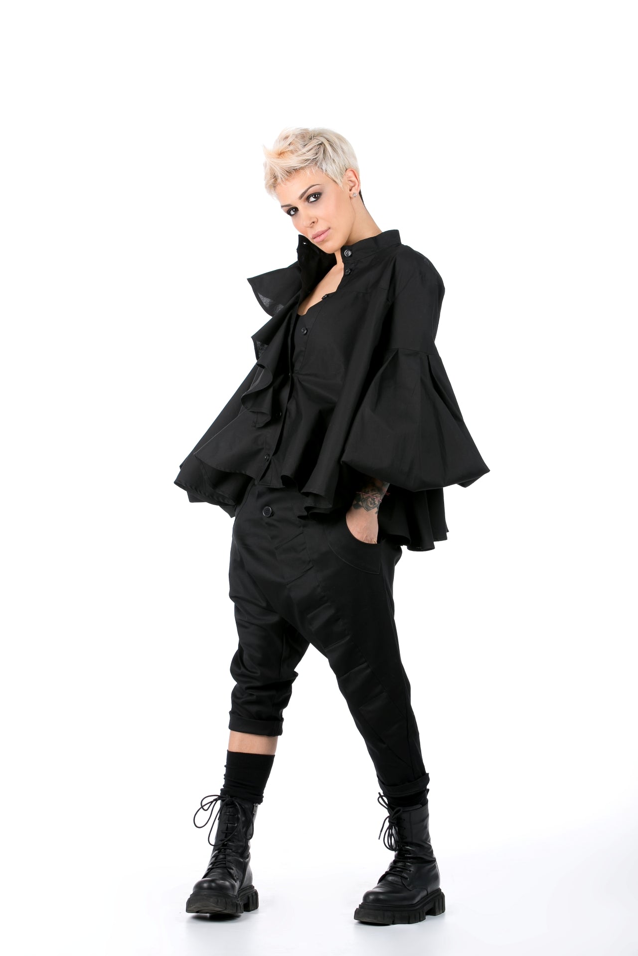 Black Shirt With Jabot And Oversized Sleeves