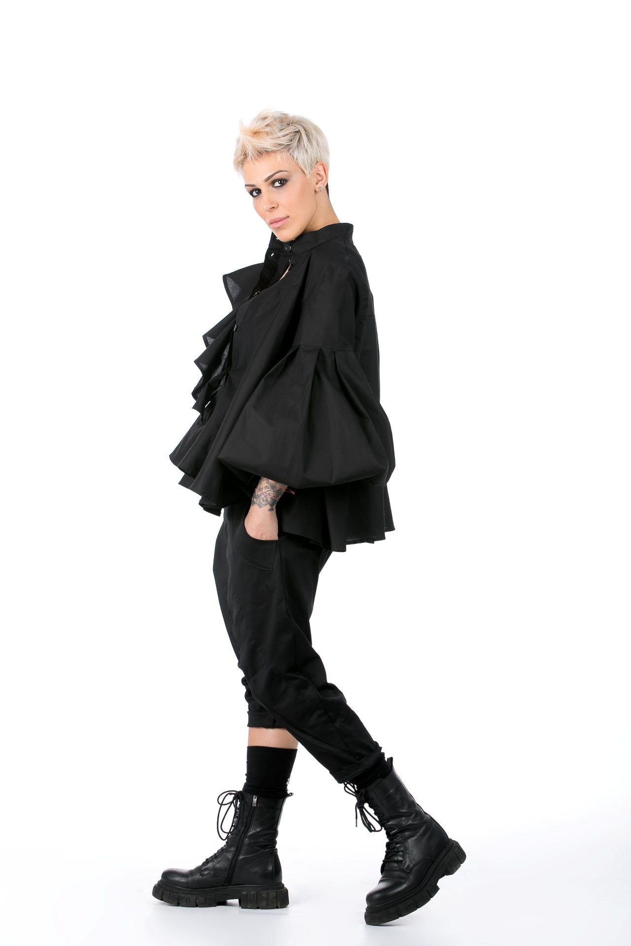 Black Shirt With Jabot And Oversized Sleeves