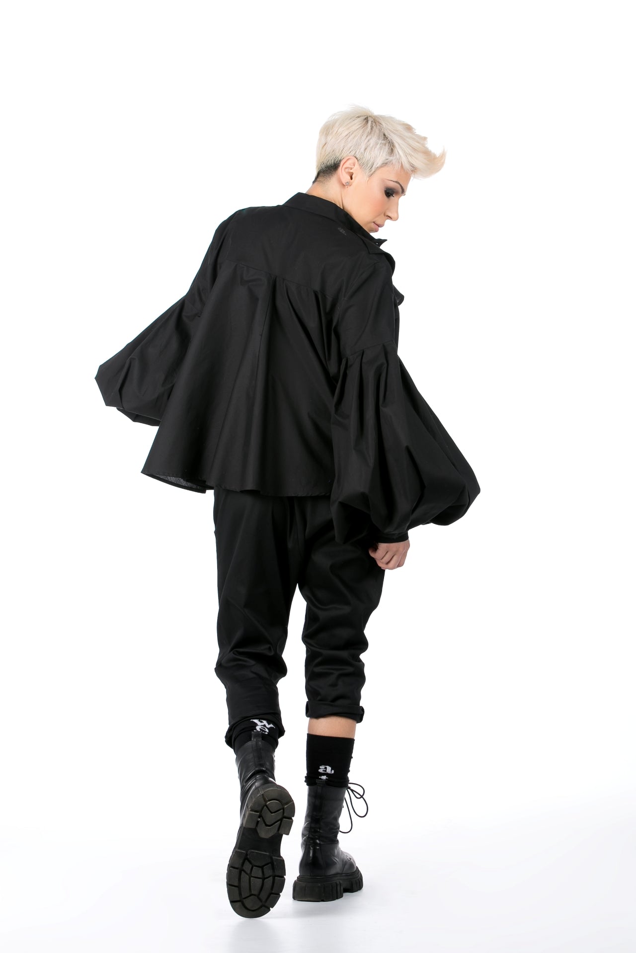 Black Shirt With Jabot And Oversized Sleeves