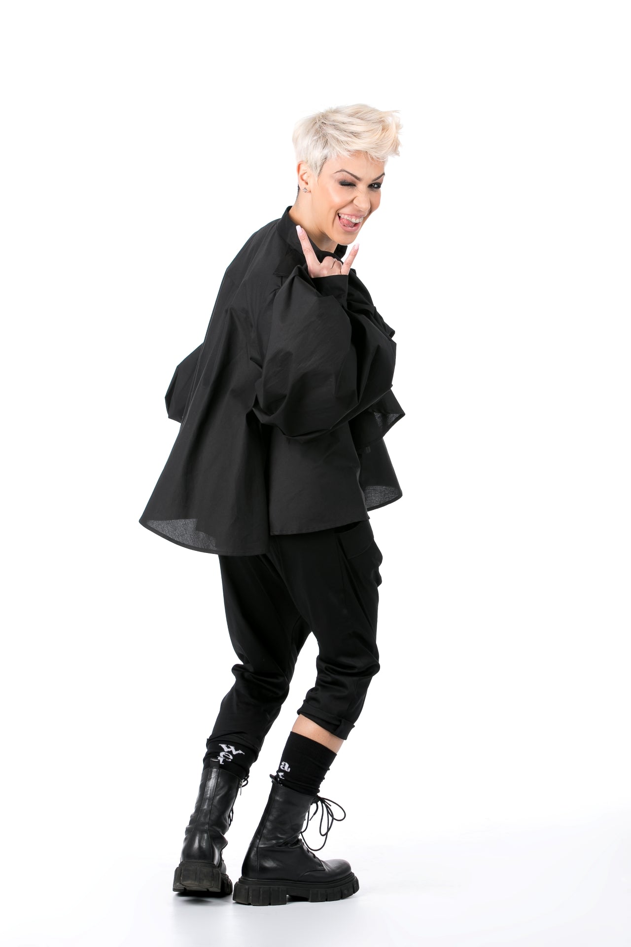 Black Shirt With Jabot And Oversized Sleeves