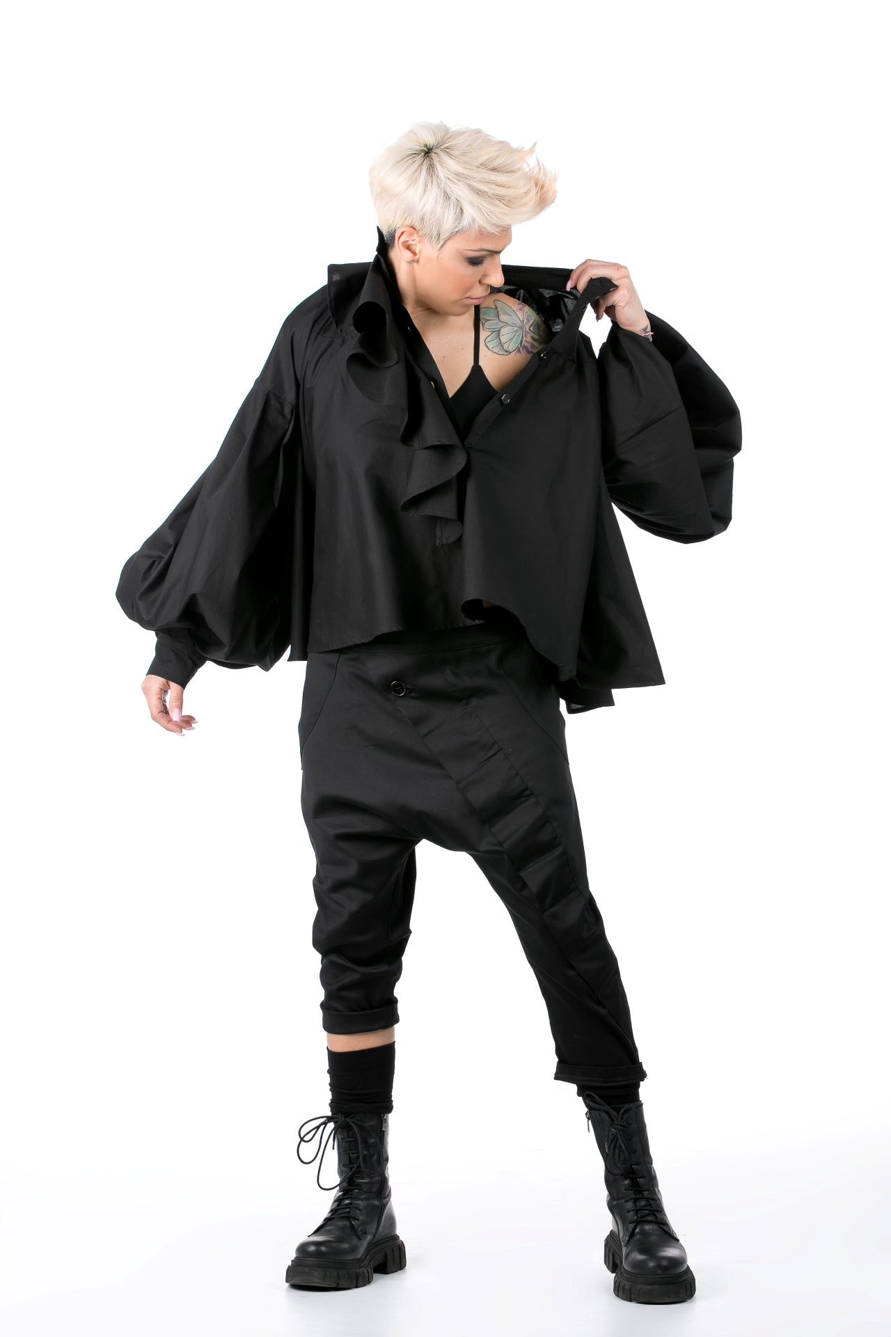 Black Shirt With Jabot And Oversized Sleeves