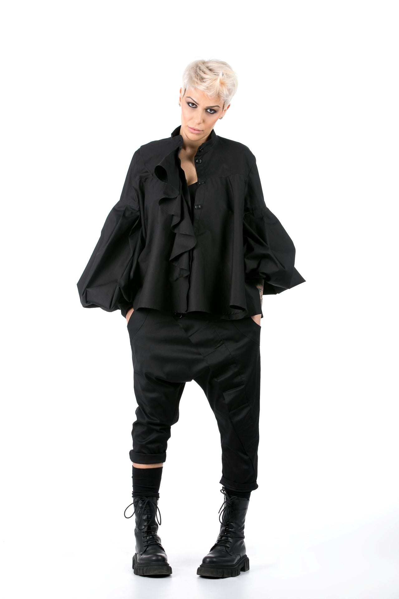 Black Shirt With Jabot And Oversized Sleeves