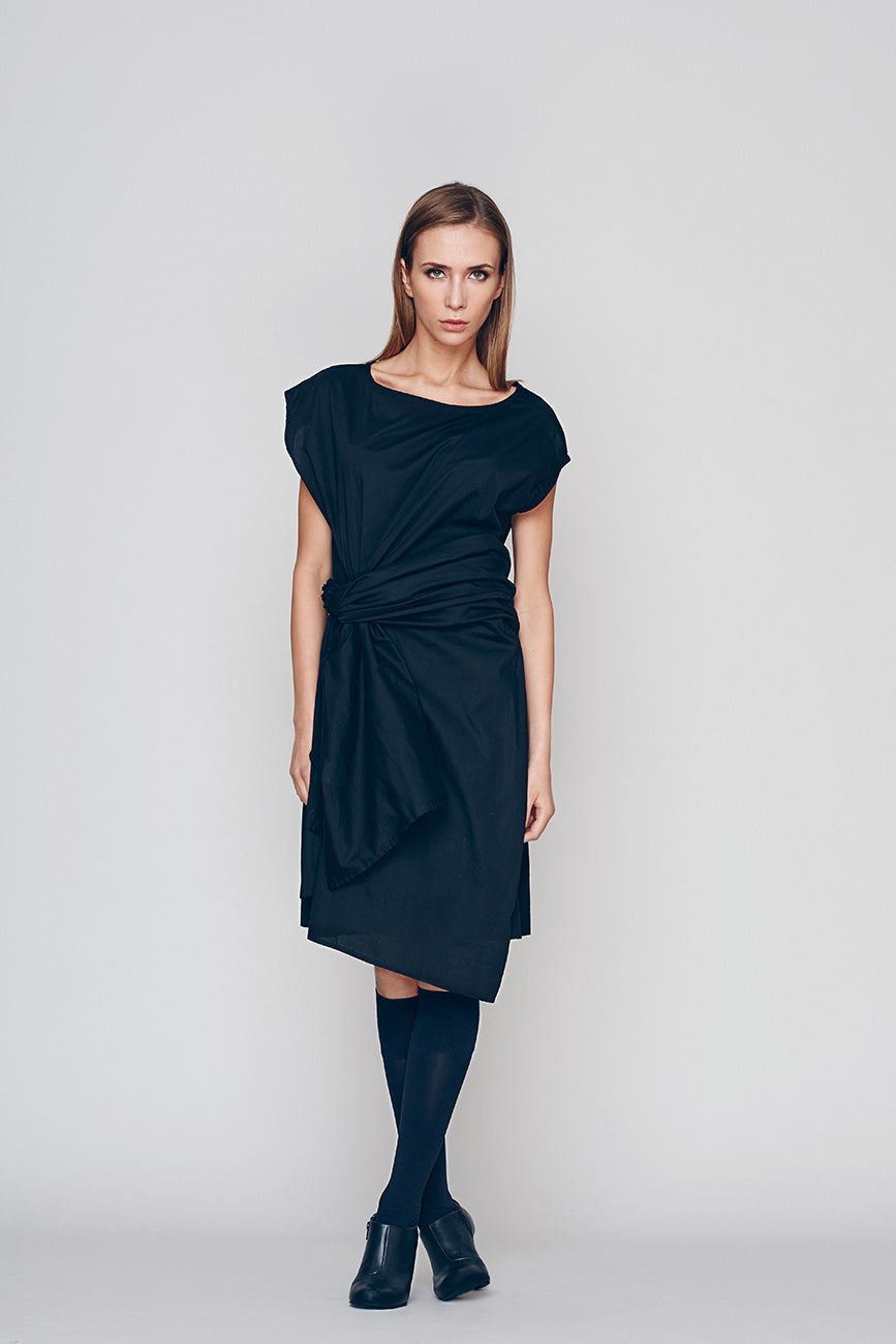 navy wrap dress Karen Kane cascade wrap dress with a flattering silhouette and flowy drape Navy Blue Wrap Dress White
