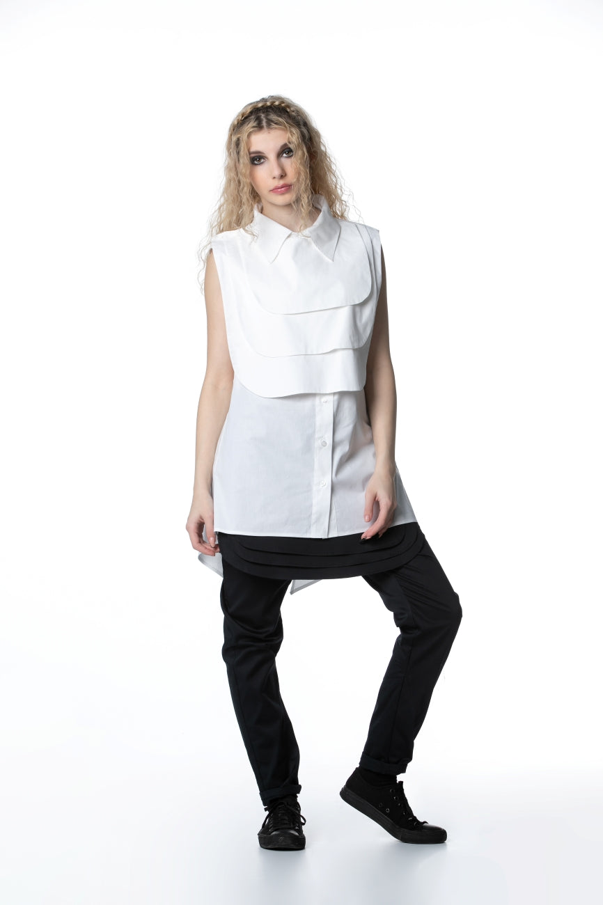 White Asymmetrical Jabot Shirt In White