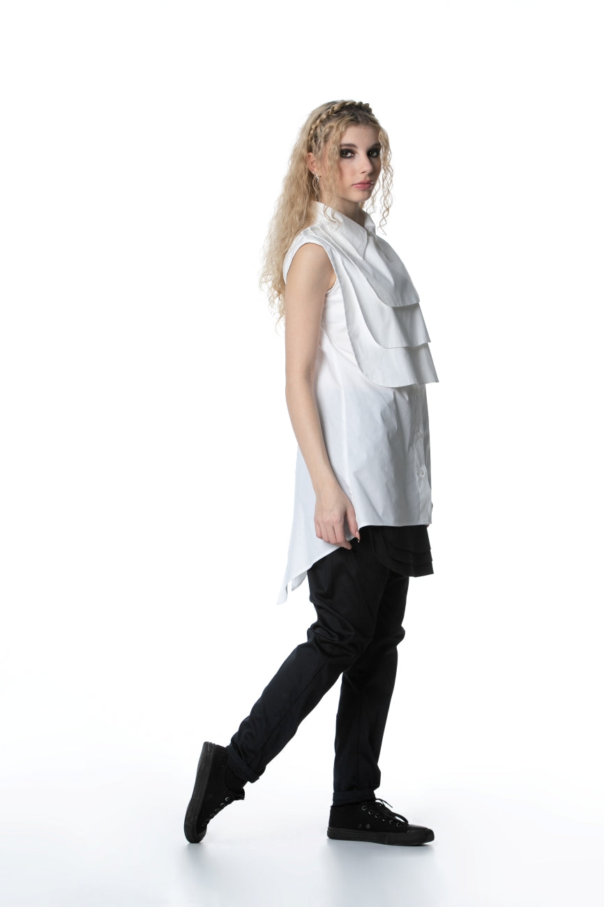 White Asymmetrical Jabot Shirt In White