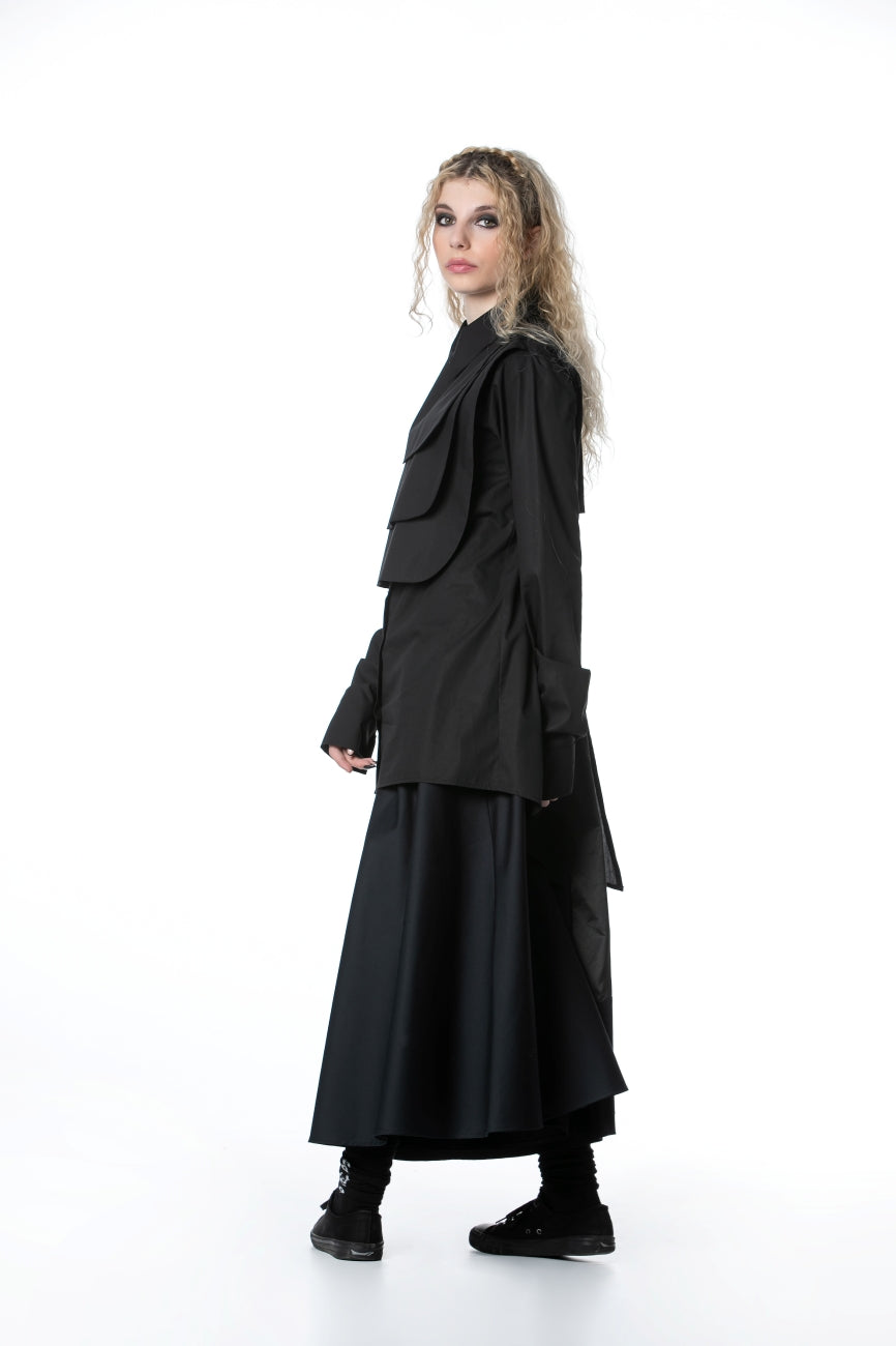 Black Asymmetrical Shirt With Jabot