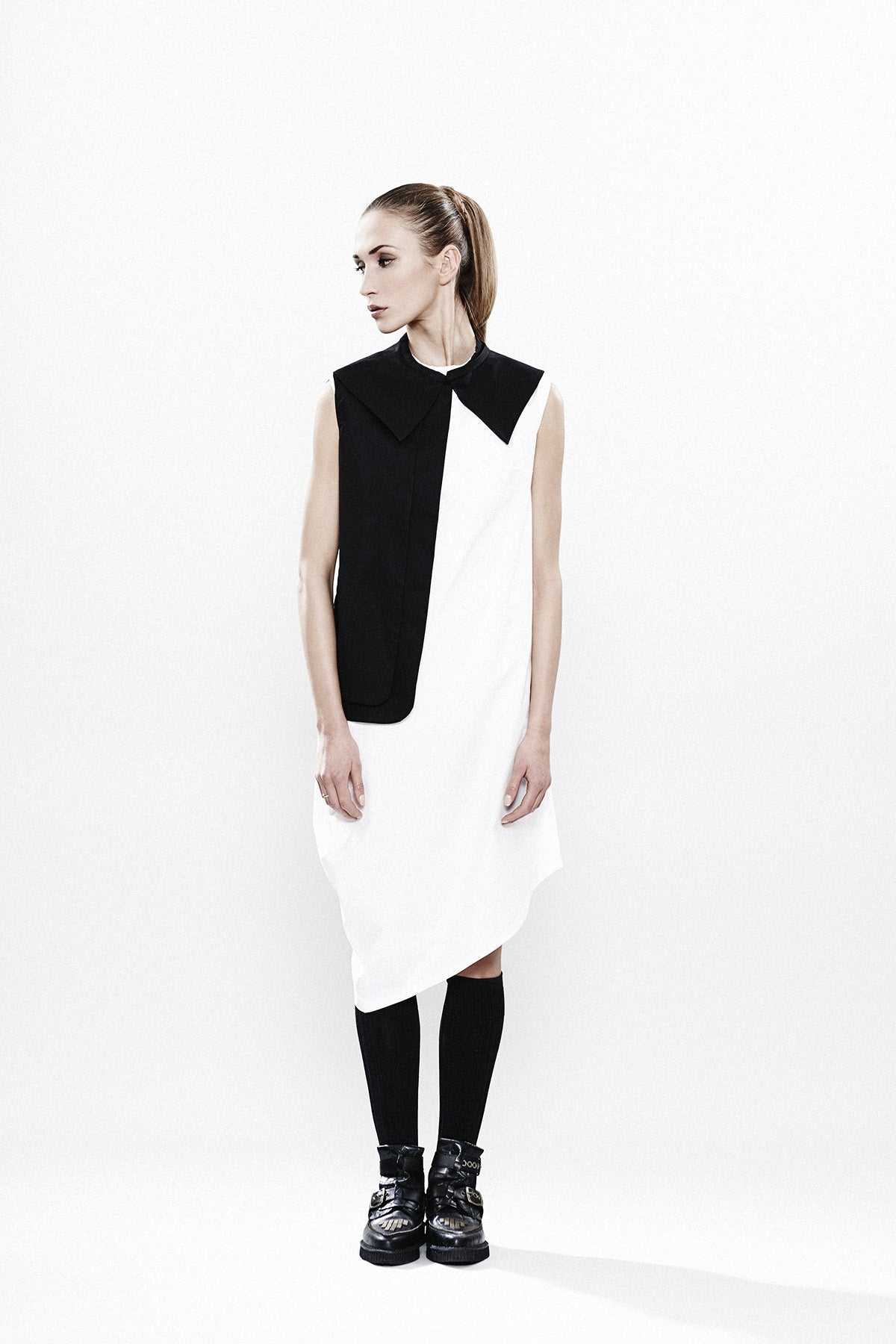 White Asymmetrical Dress with Black Jabot