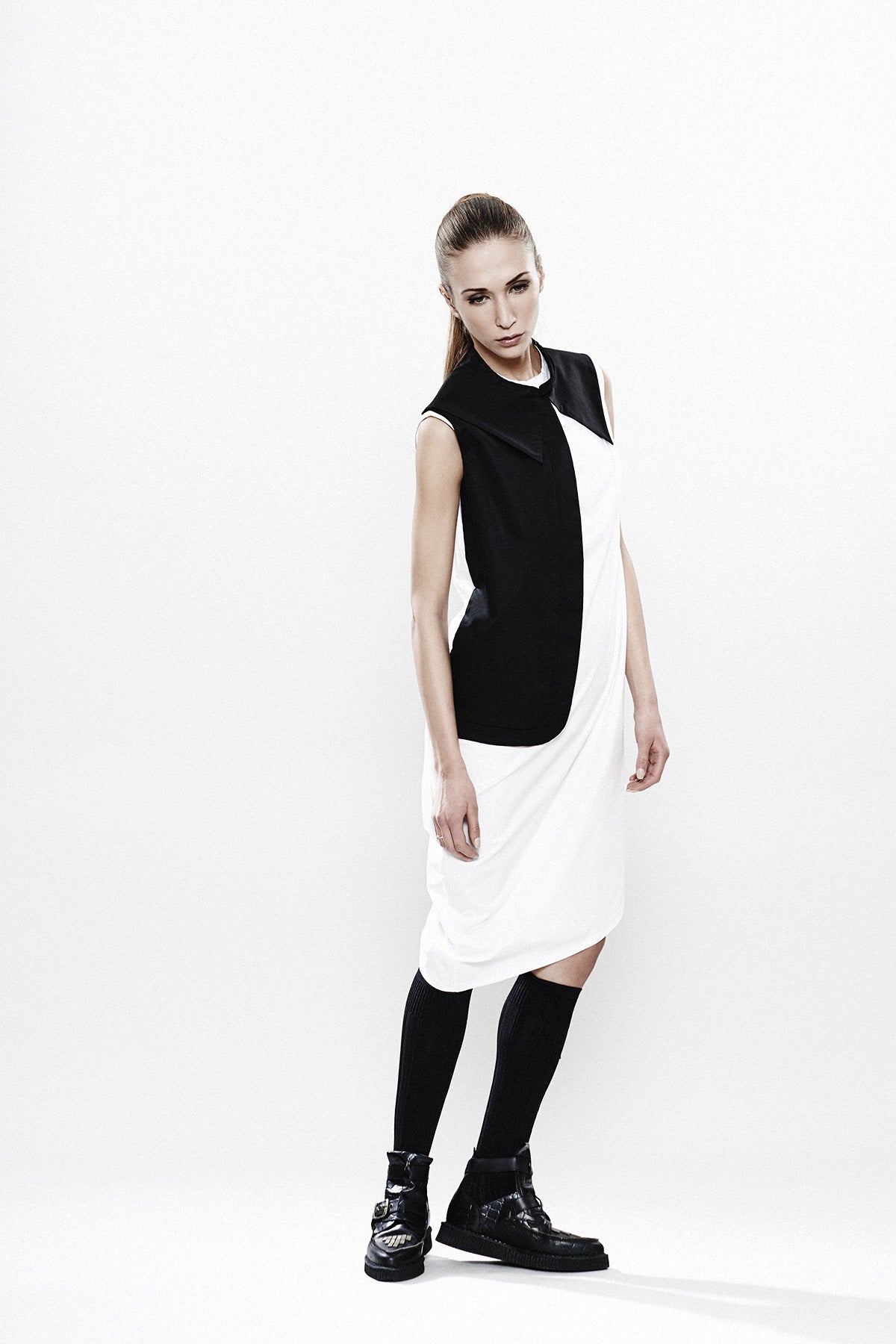 White Asymmetrical Dress with Black Jabot