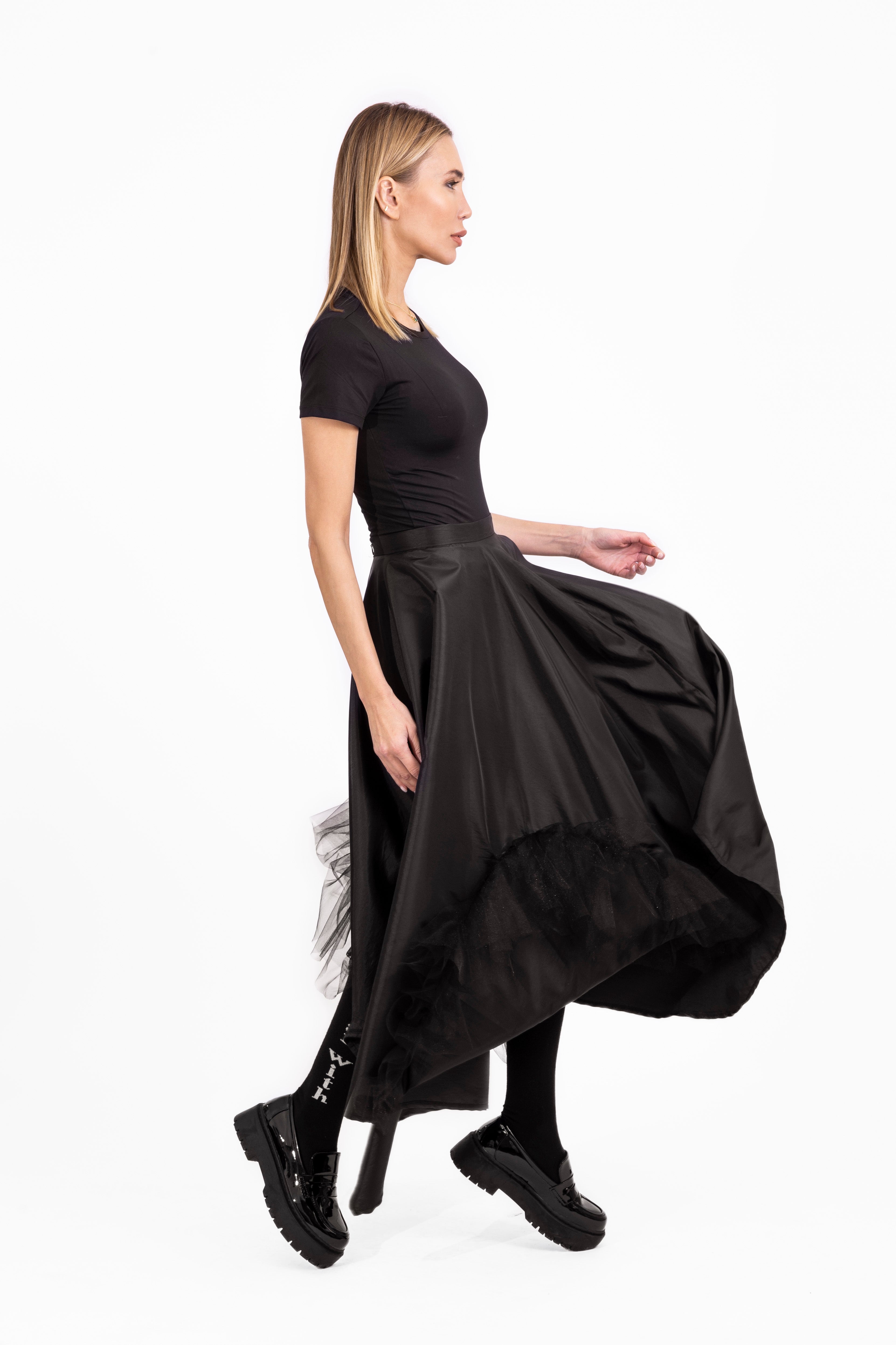 Black Taffeta Skirt with Tulle Details