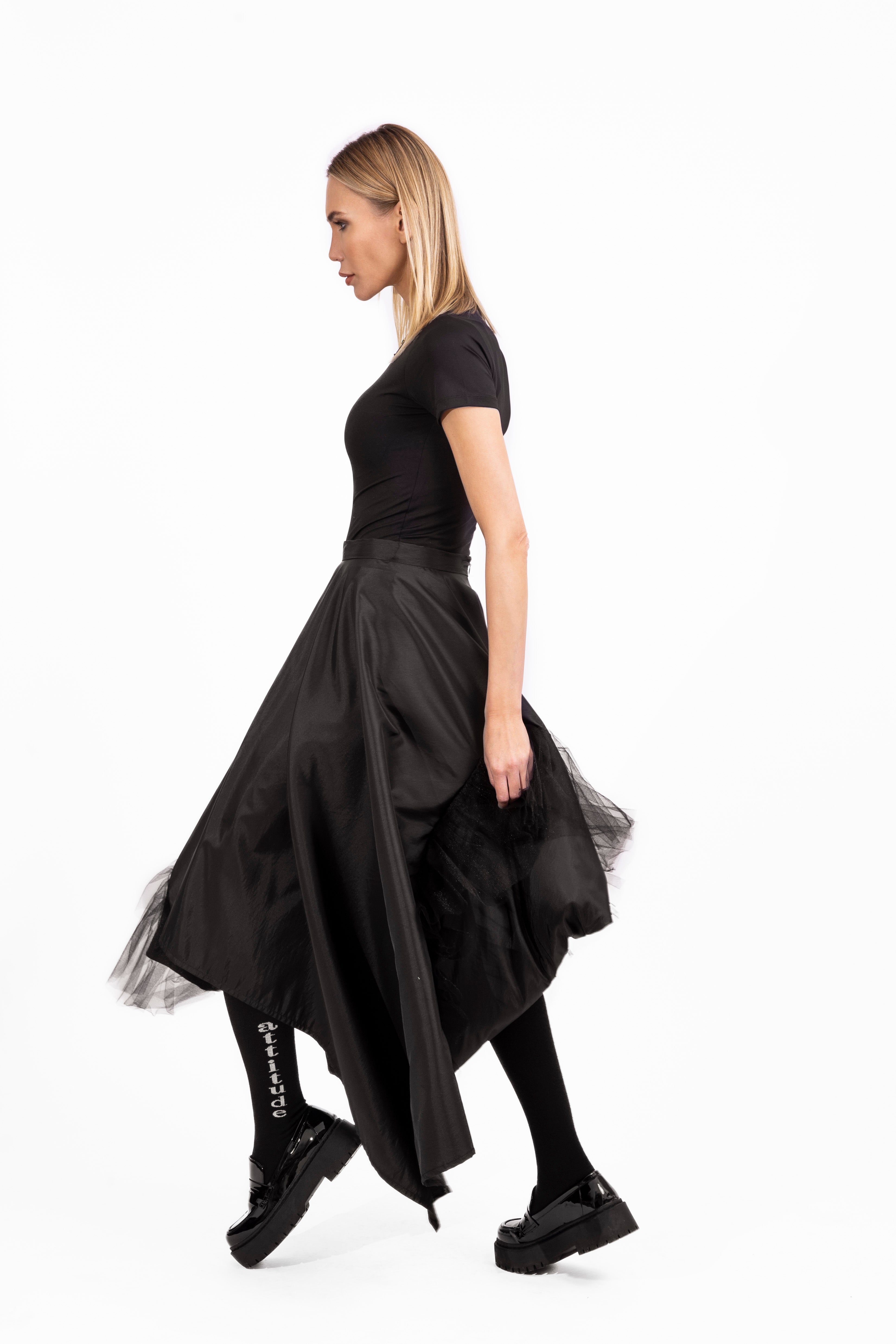 Black Taffeta Skirt with Tulle Details