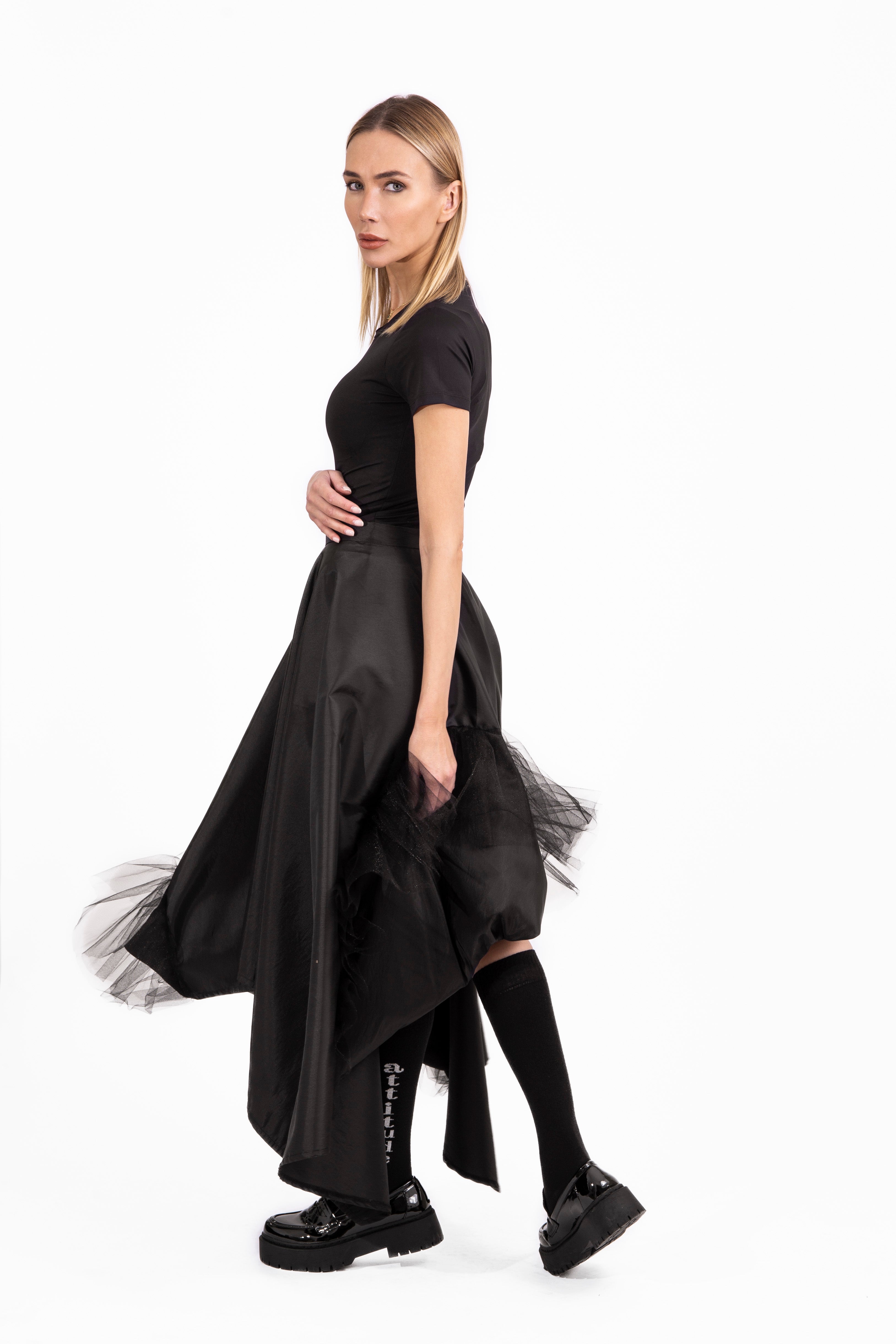 Black Taffeta Skirt with Tulle Details