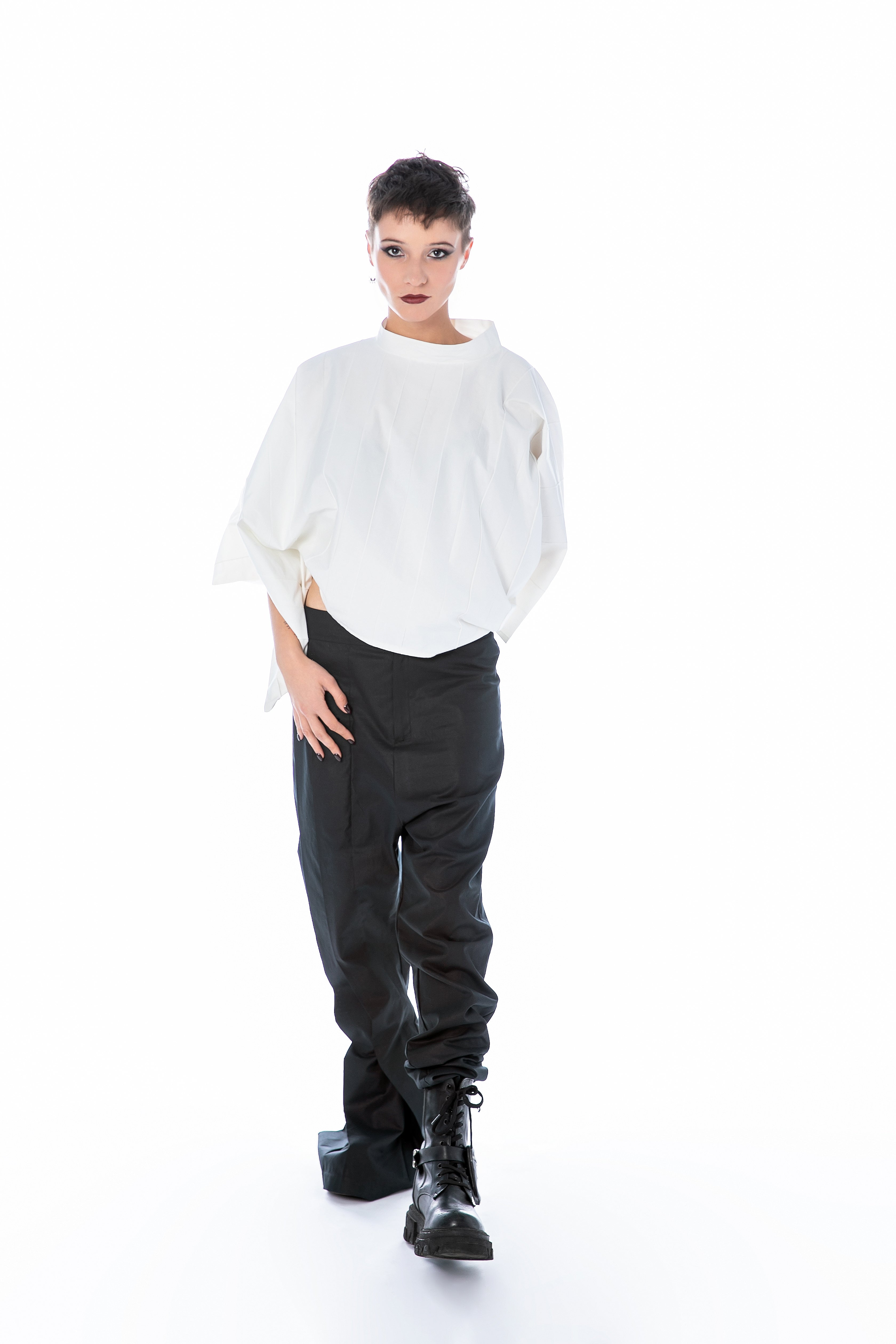 Batwing Cotton Top With Sculptural Stand Collar