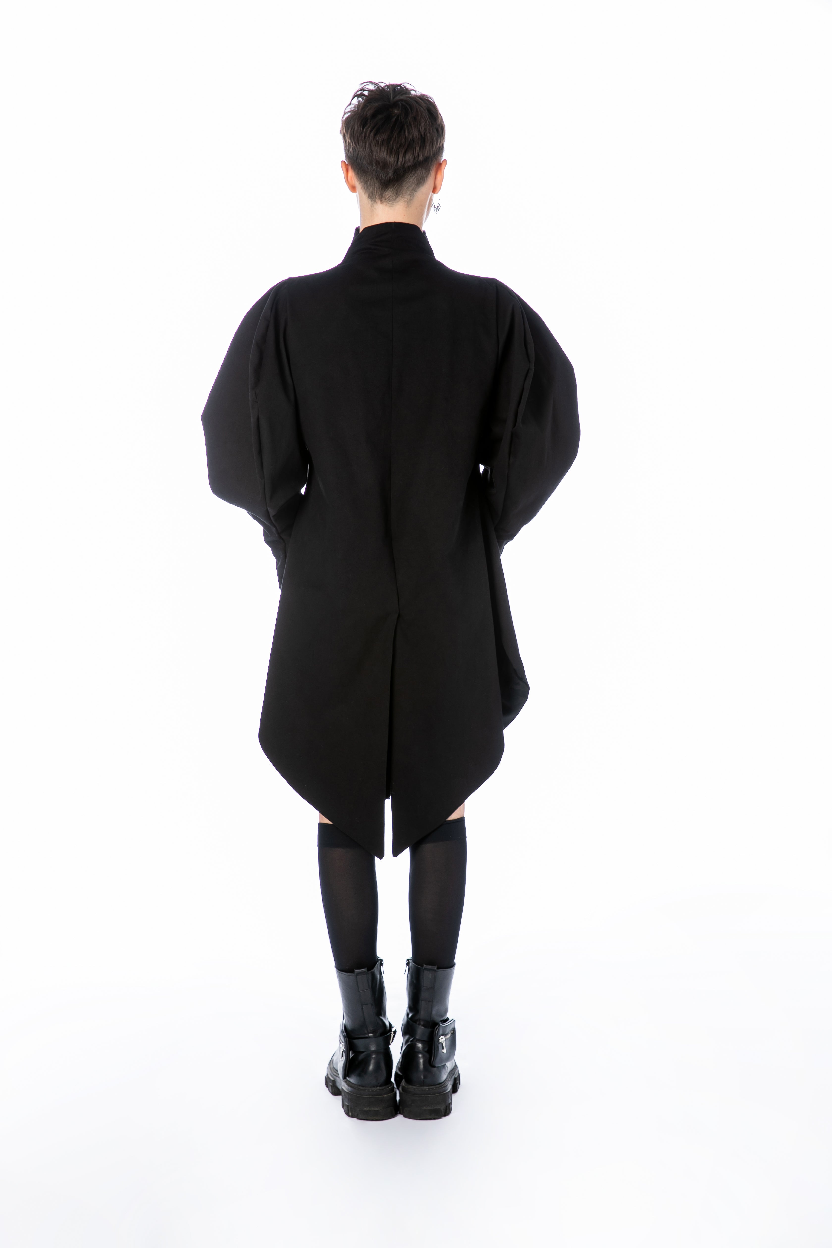 Coat Dress with Puff Sleeves and High Collar