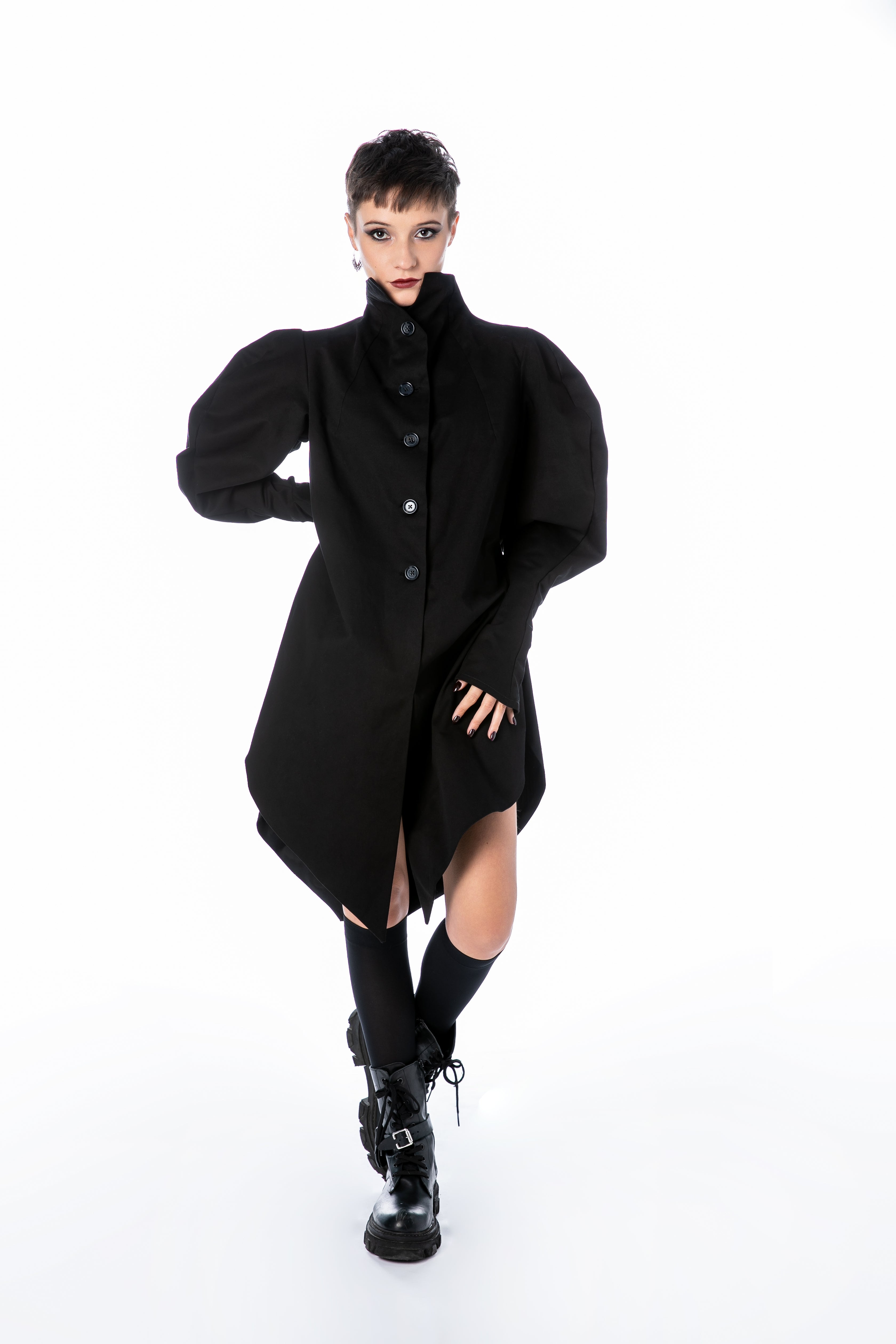 Coat Dress with Puff Sleeves and High Collar