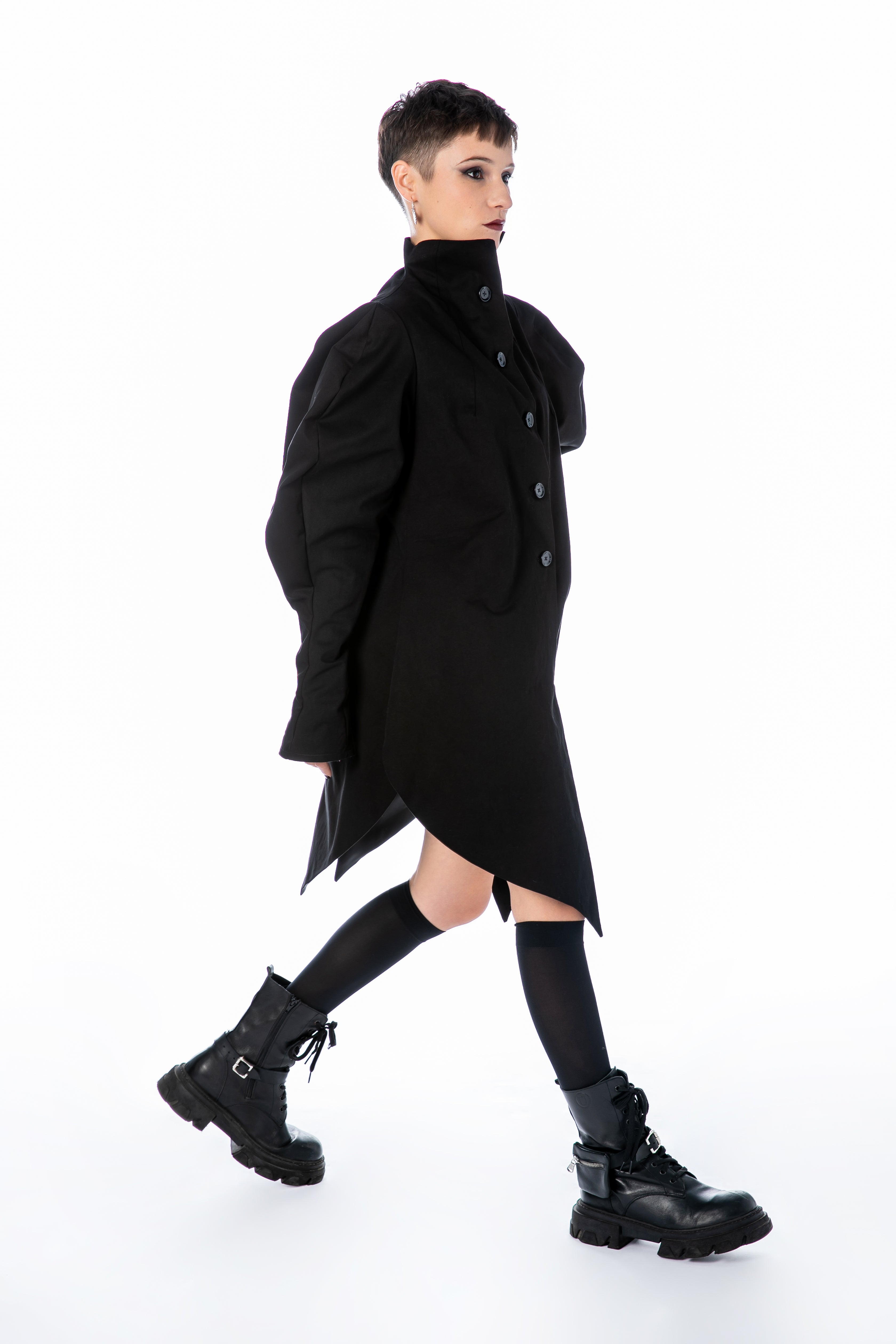 Coat Dress with Puff Sleeves and High Collar