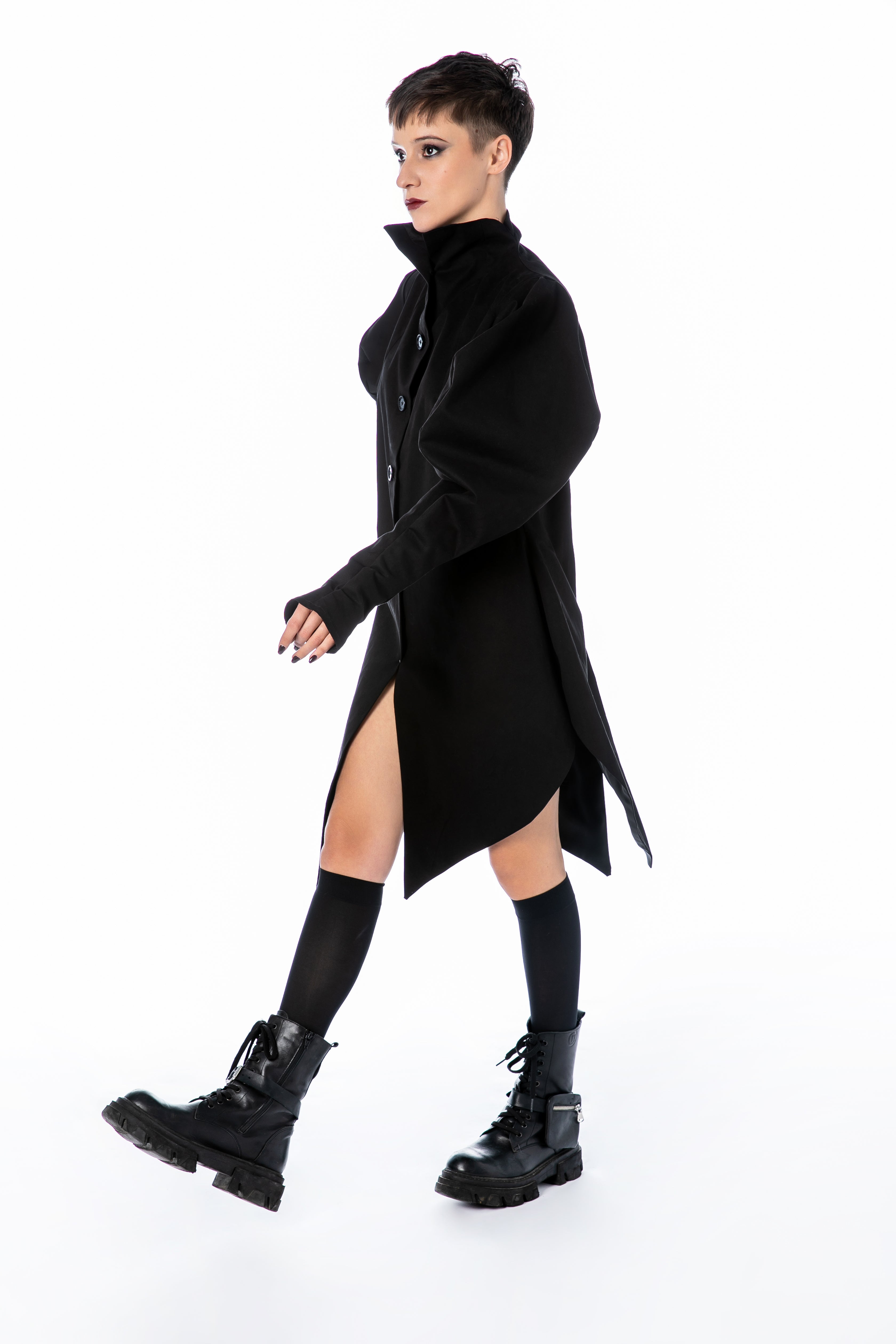 Coat Dress with Puff Sleeves and High Collar
