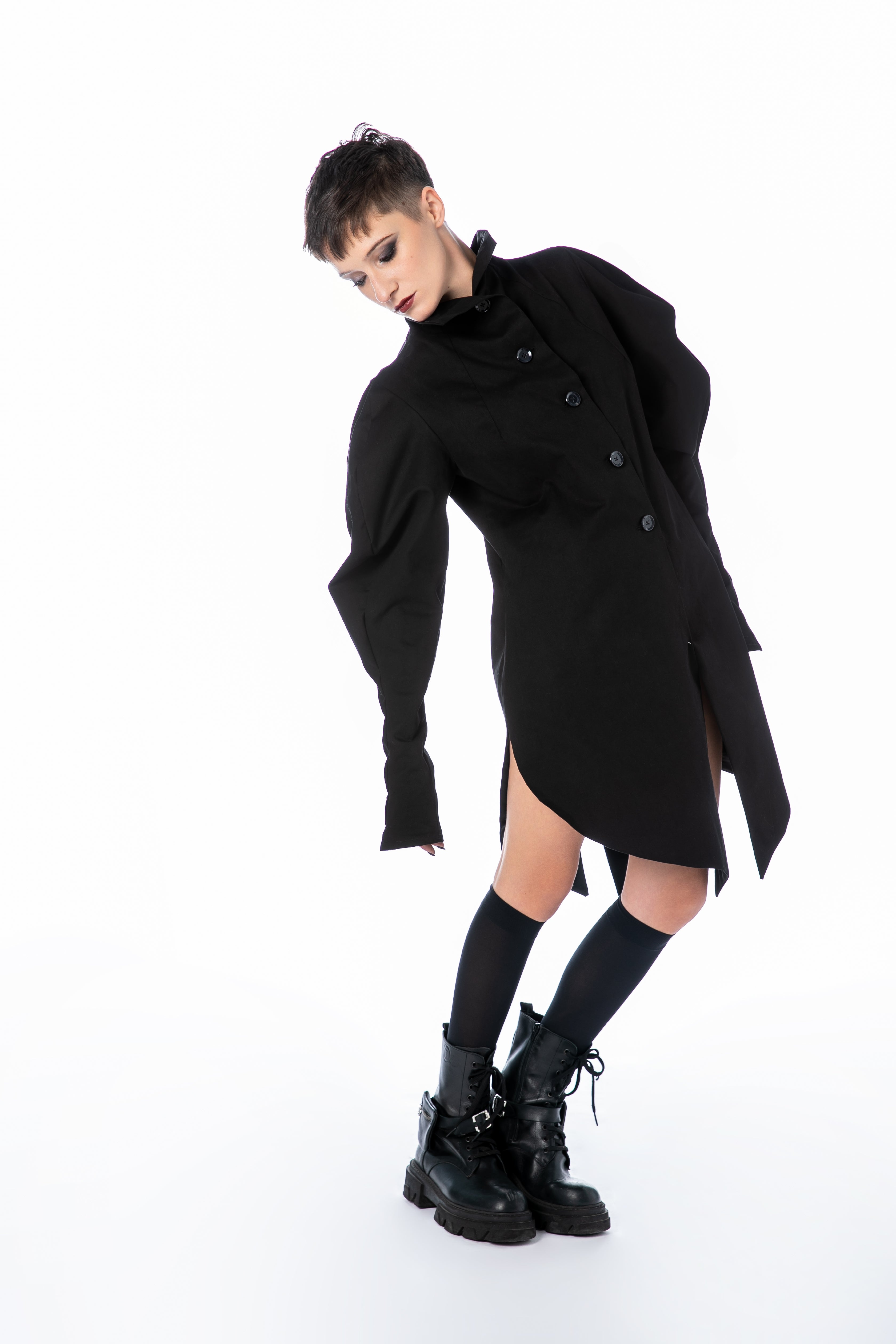 Coat Dress with Puff Sleeves and High Collar