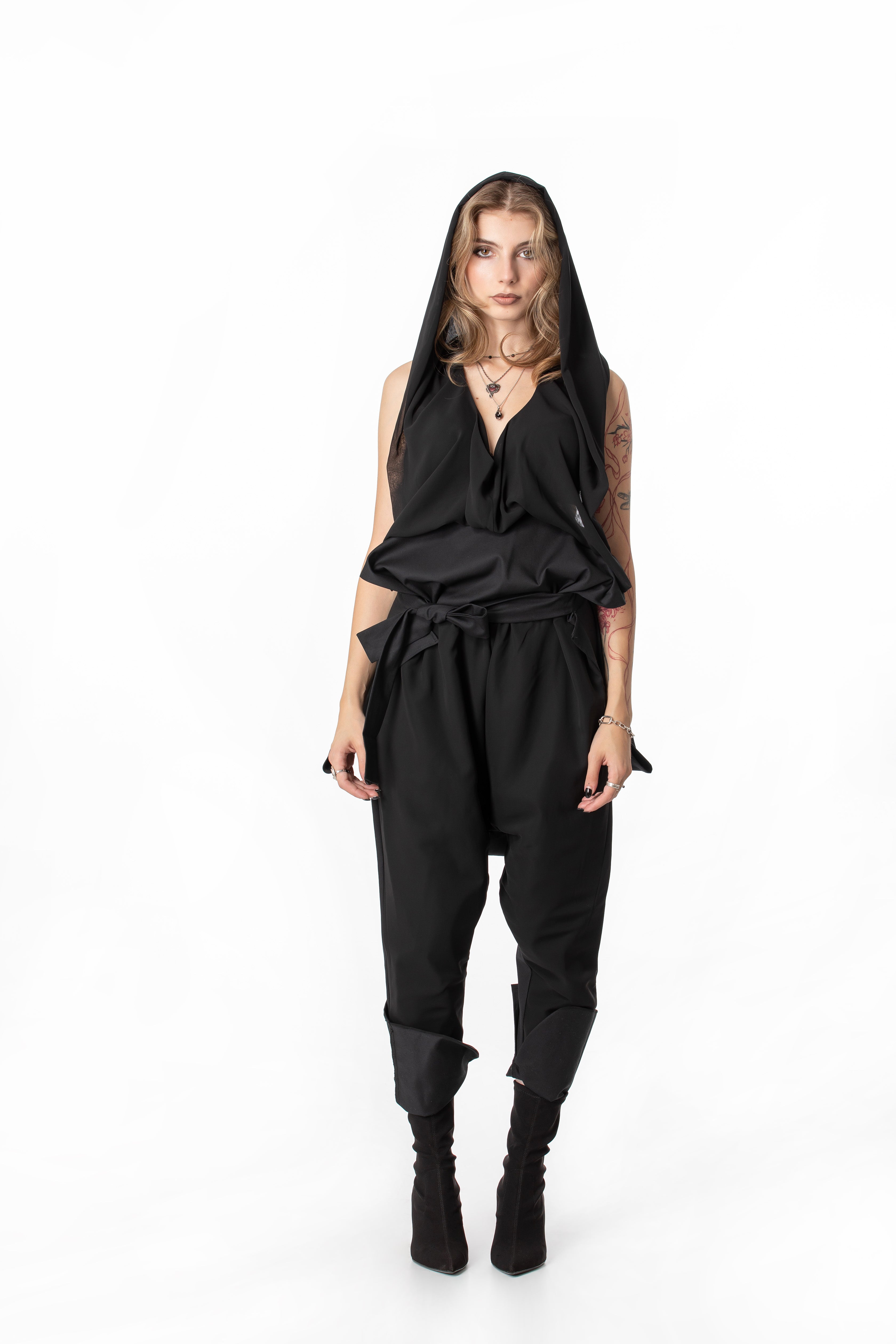 Deconstructed Jumpsuit With Sheer Hood