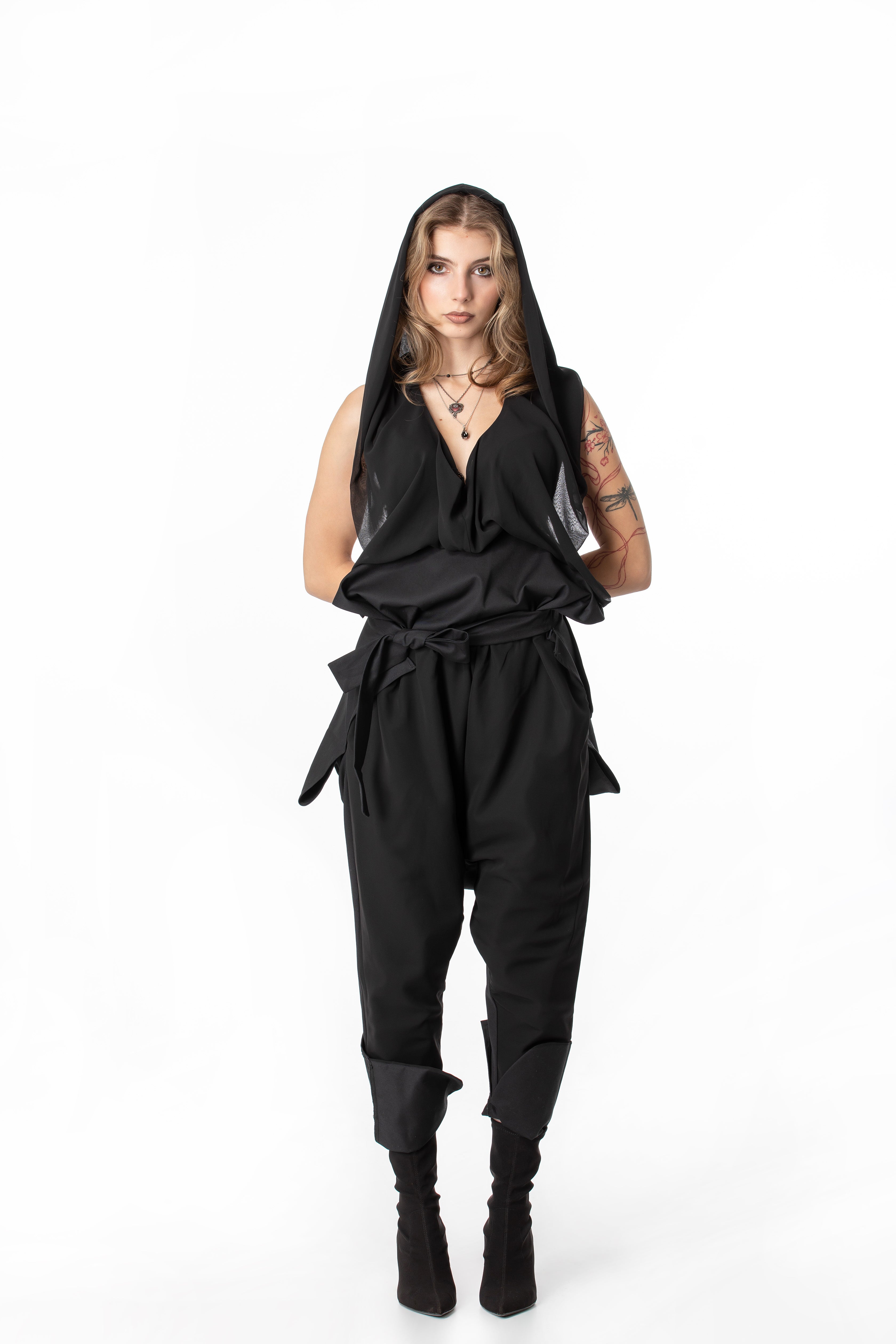 Deconstructed Jumpsuit With Sheer Hood