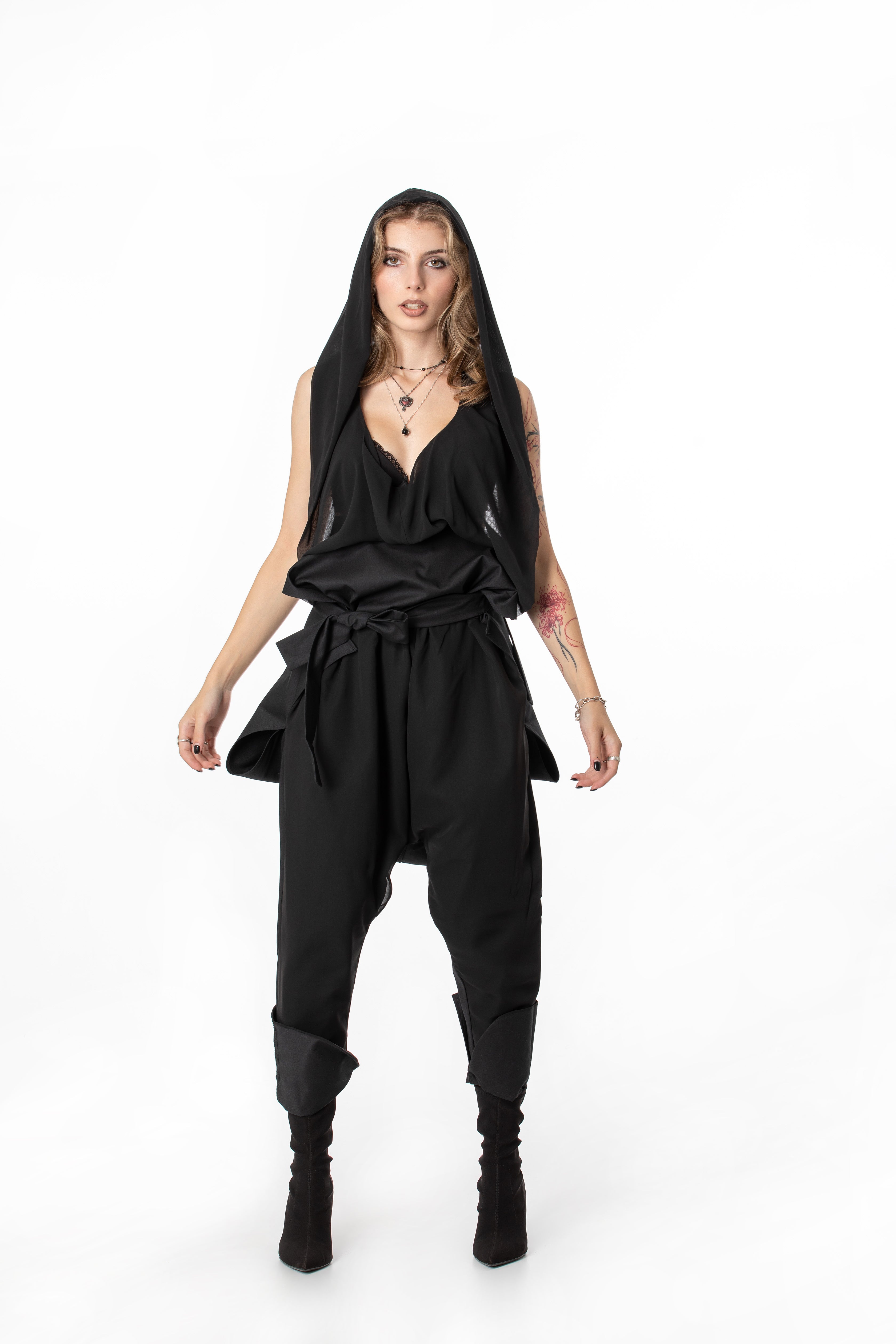 Deconstructed Jumpsuit With Sheer Hood