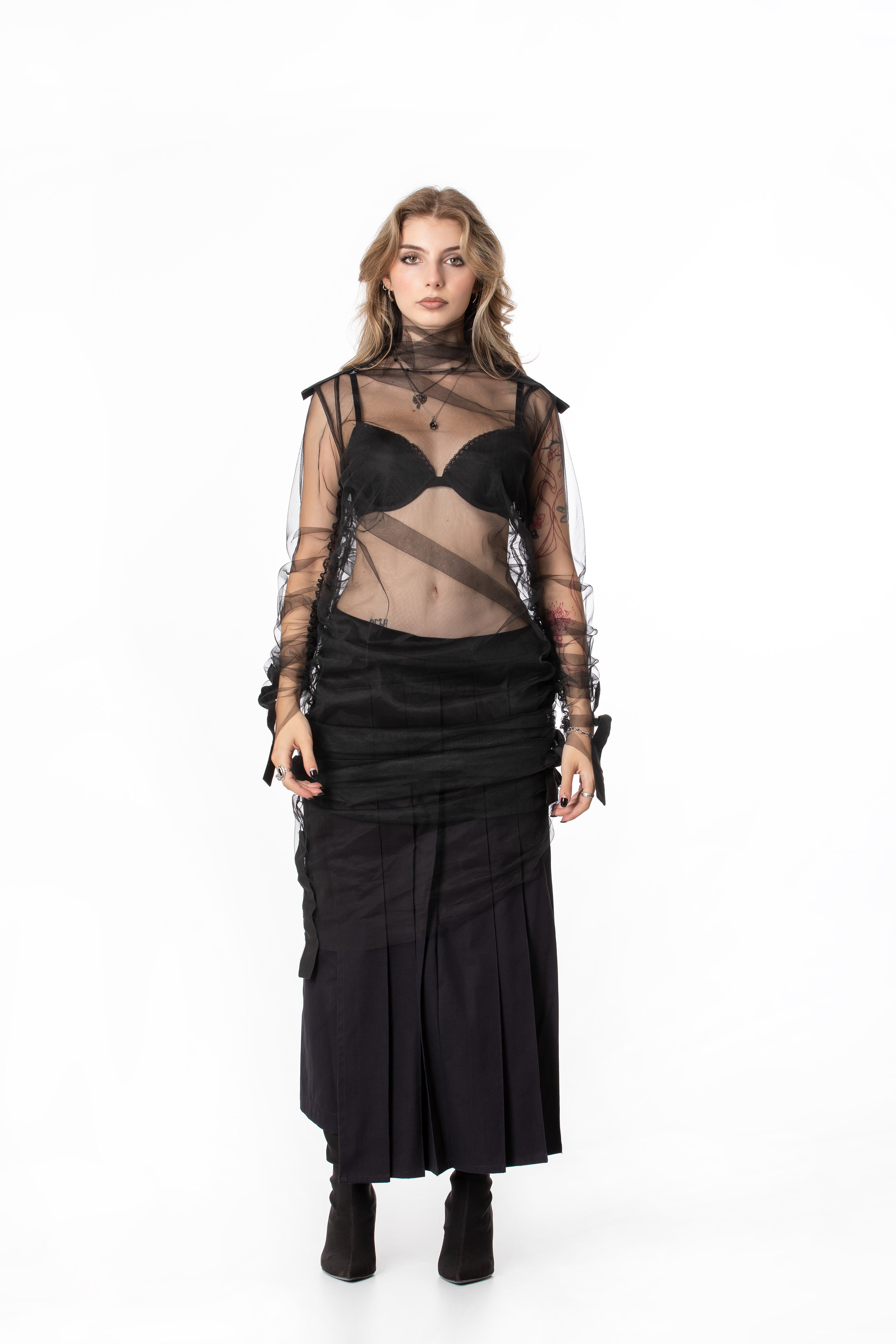 Ruched Mesh Turtleneck Top