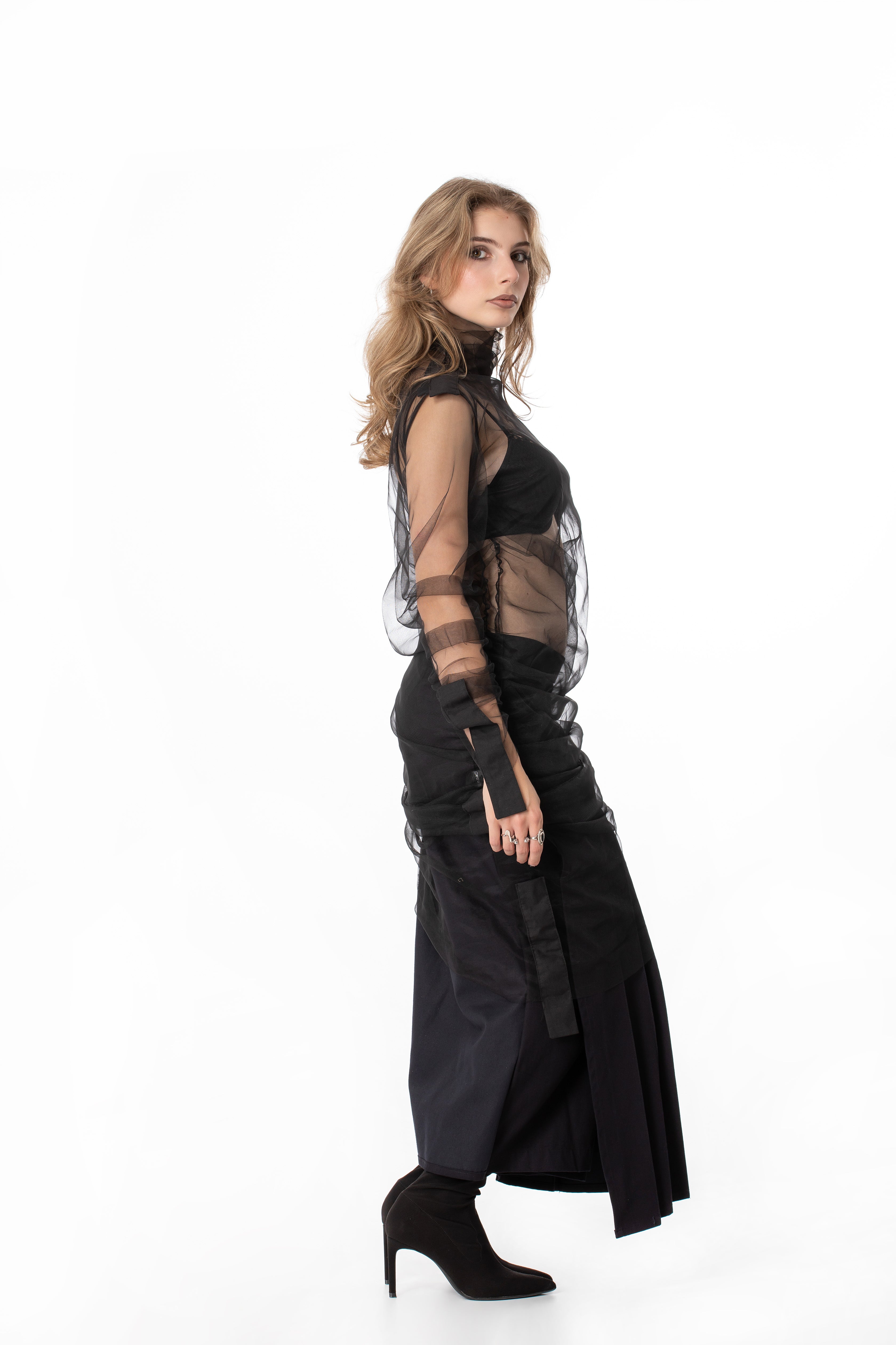 Ruched Mesh Turtleneck Top