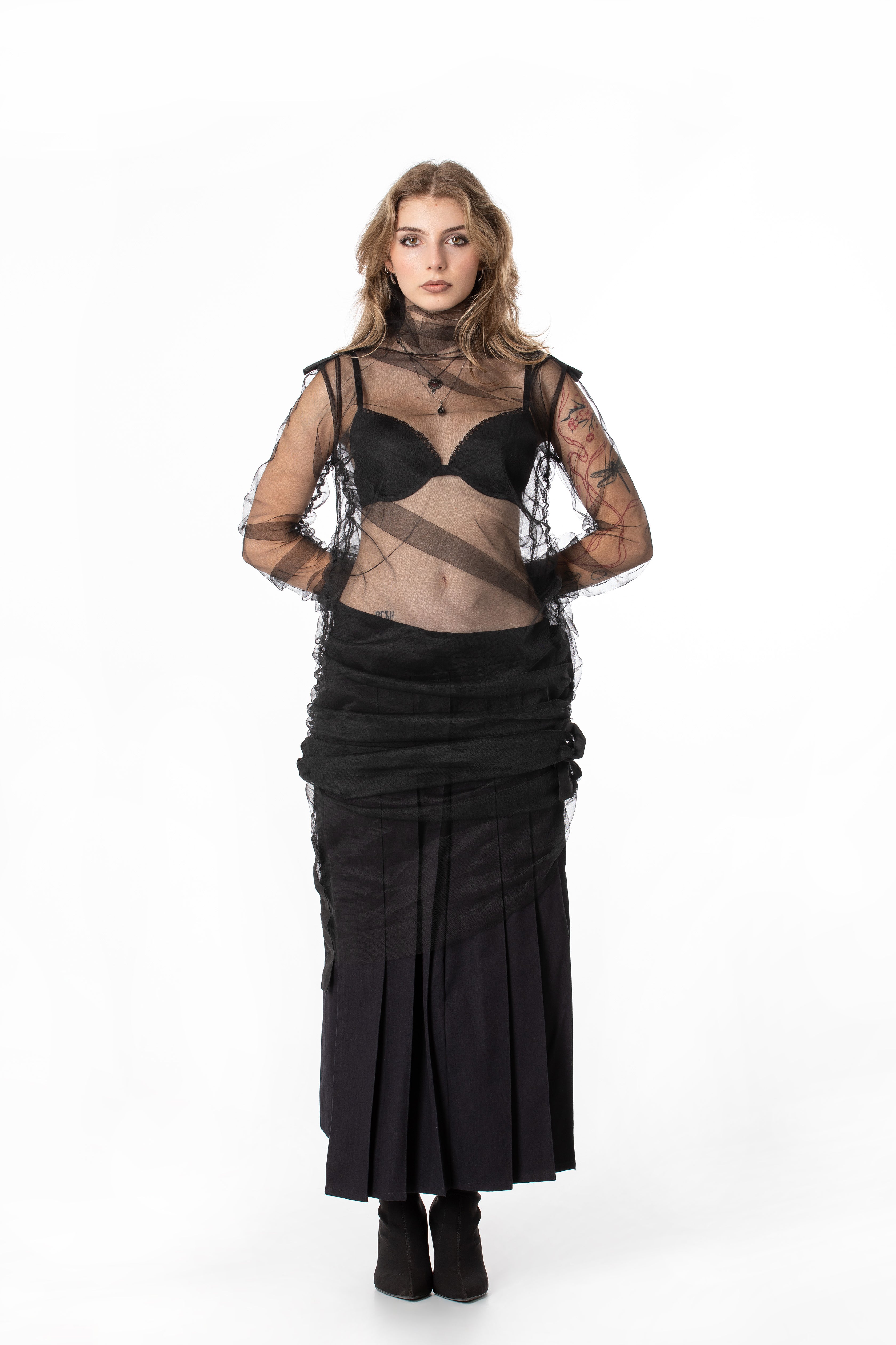 Ruched Mesh Turtleneck Top