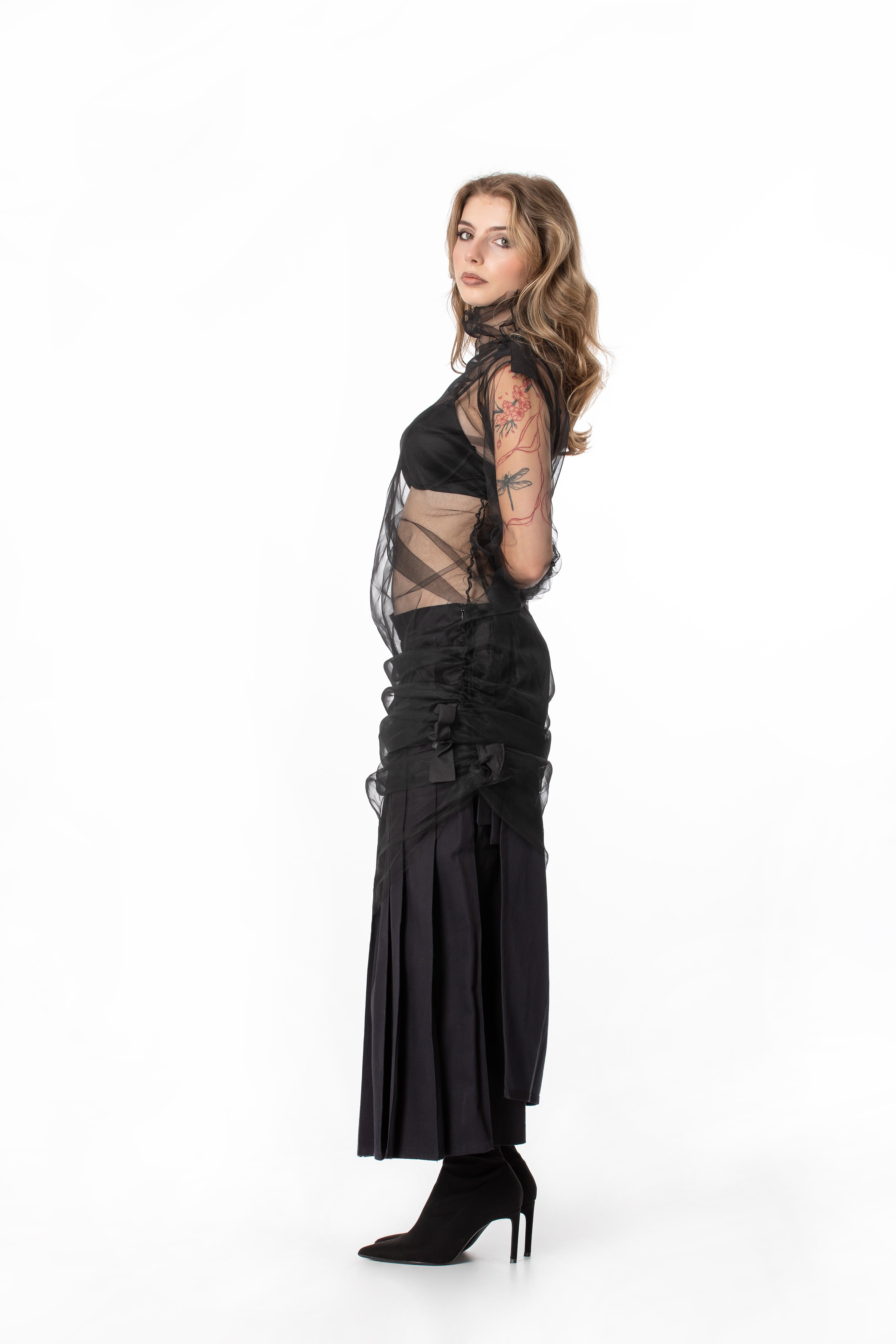 Ruched Mesh Turtleneck Top