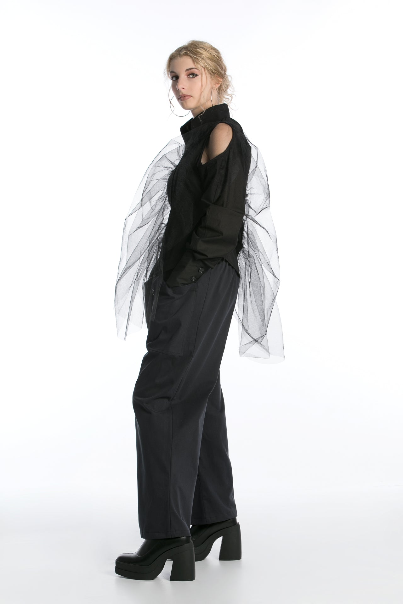 Shirt with Open Shoulders and Tulle Details