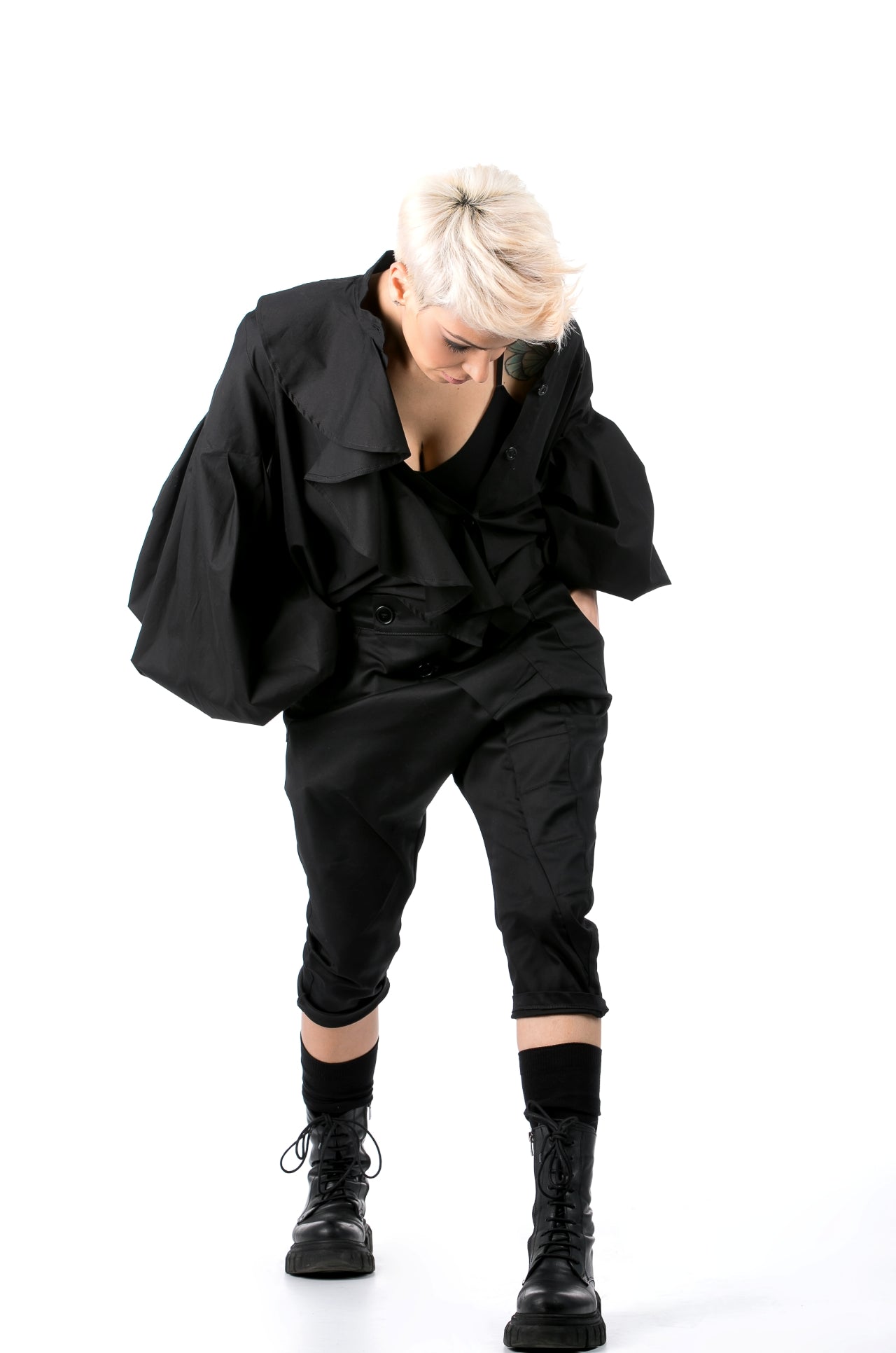 Black Shirt With Jabot And Oversized Sleeves