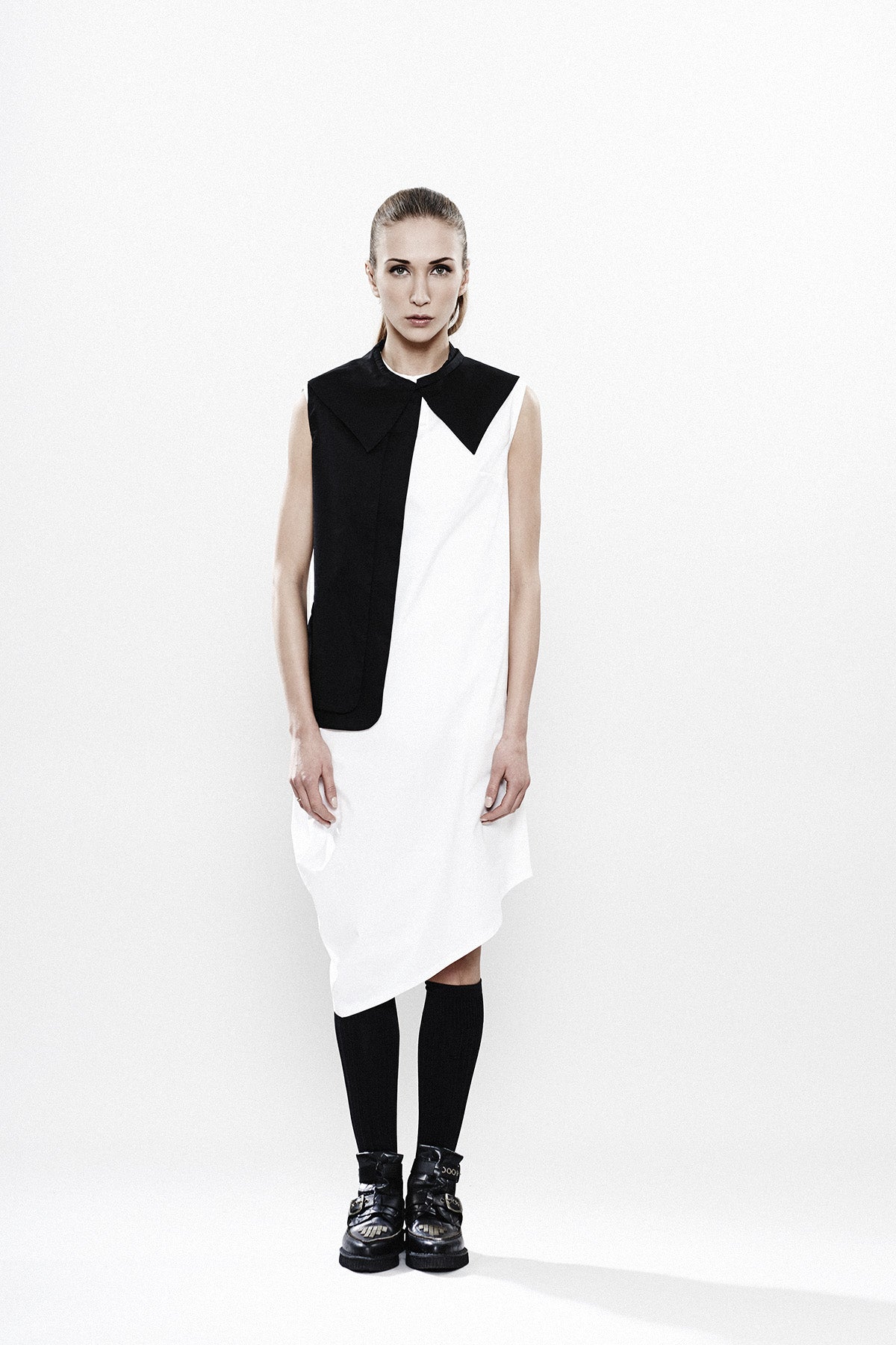White Asymmetrical Dress with Black Jabot